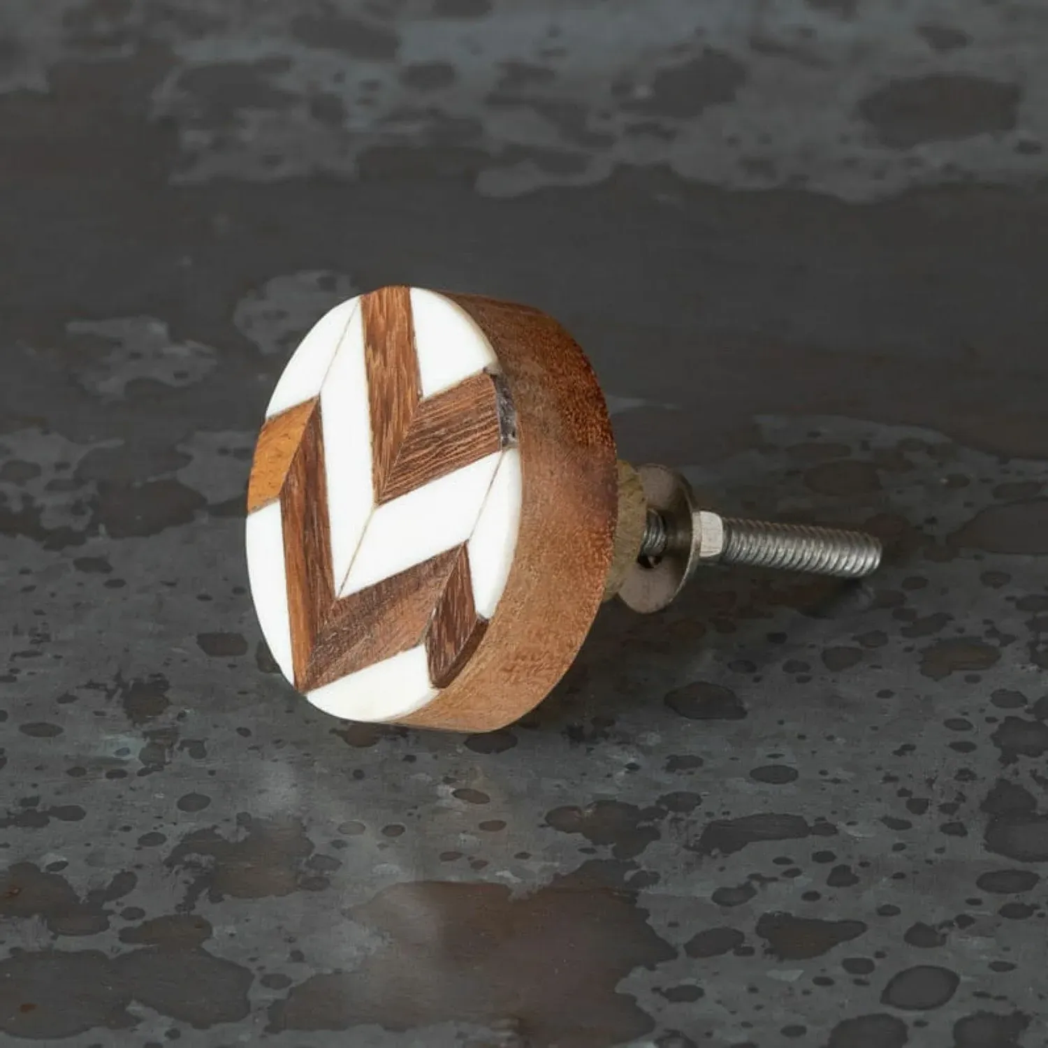 Chevron Wood and Resin Knob - Golden Wood, White Resin image