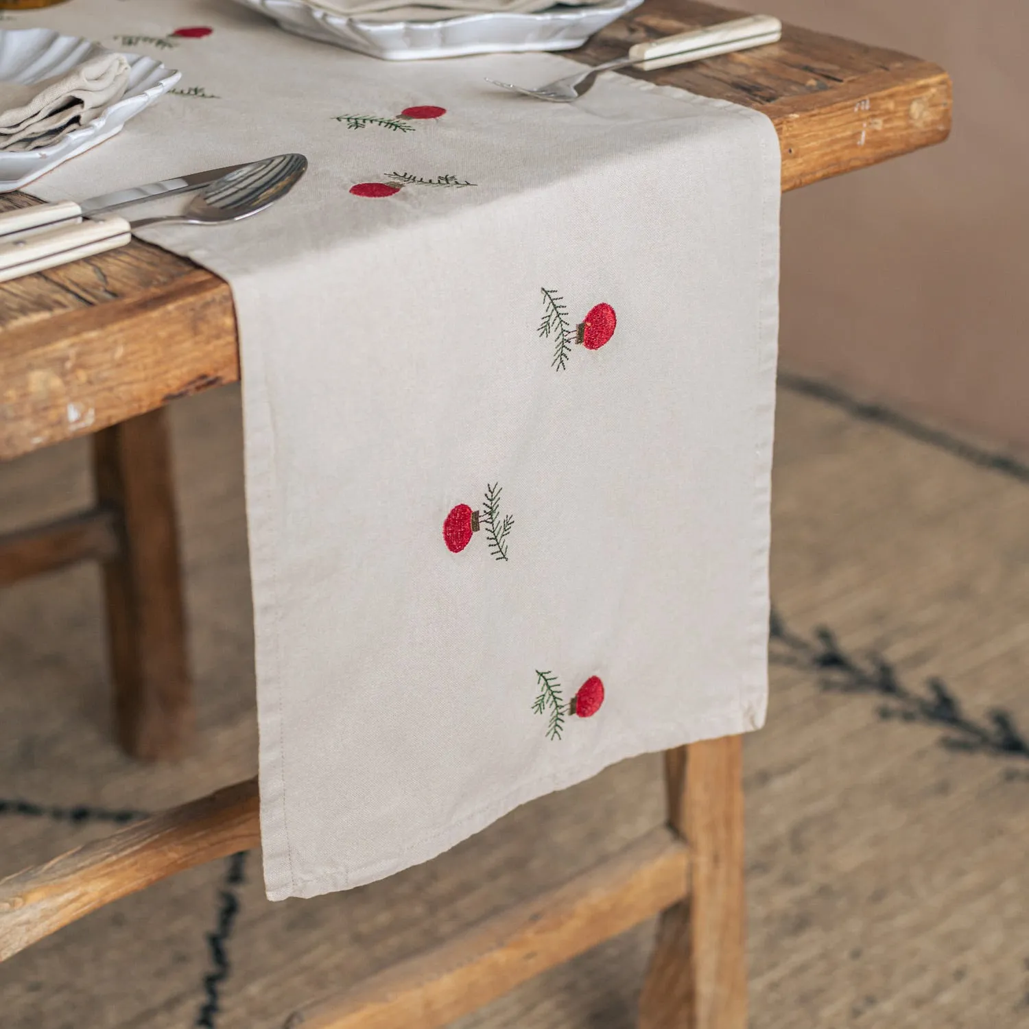 Christmas Bauble Cotton Table Runner - Red