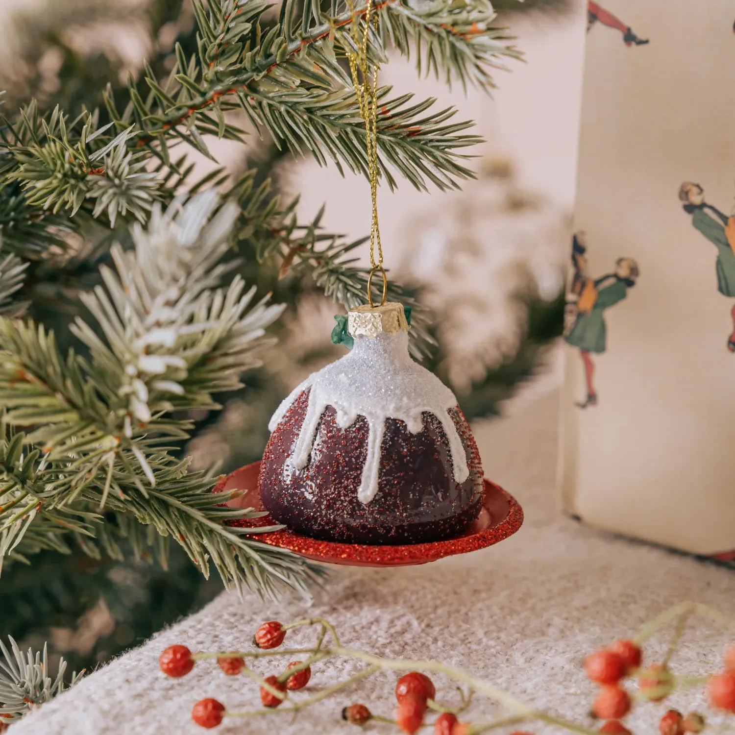 Christmas Pudding Hanging Tree Decoration - Glass, Resin