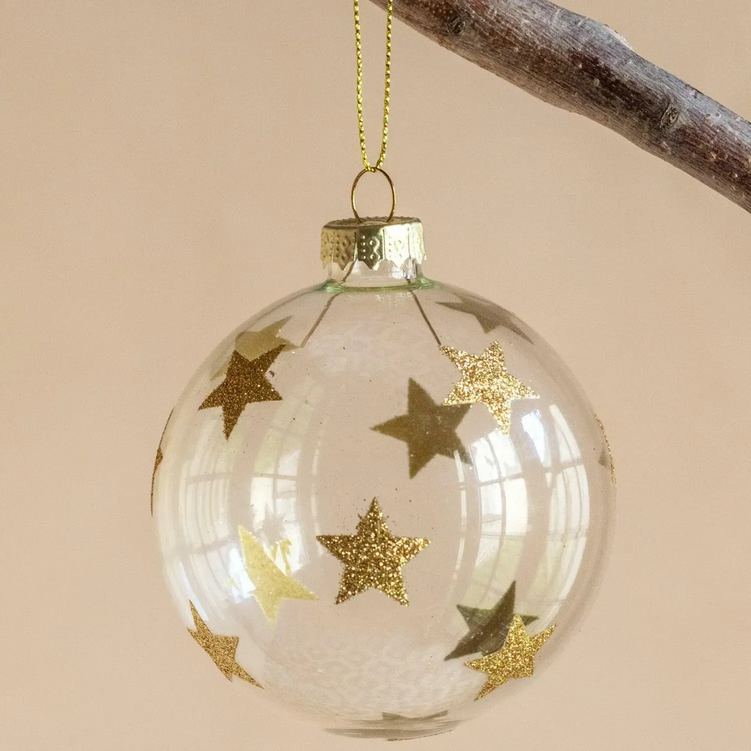 Christmas Tree Bauble - Gold Glitter Stars, Glass