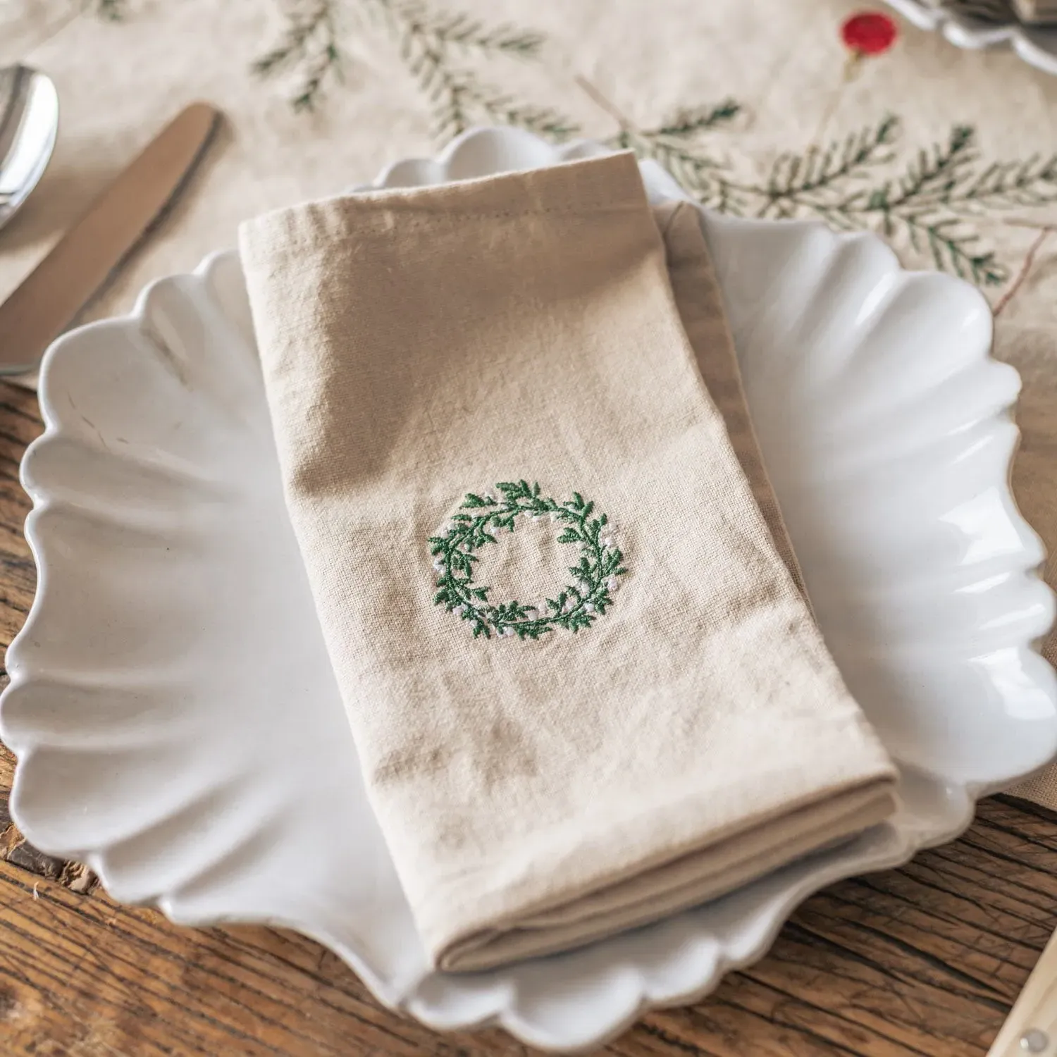Christmas Wreath Cotton Napkin - Natural