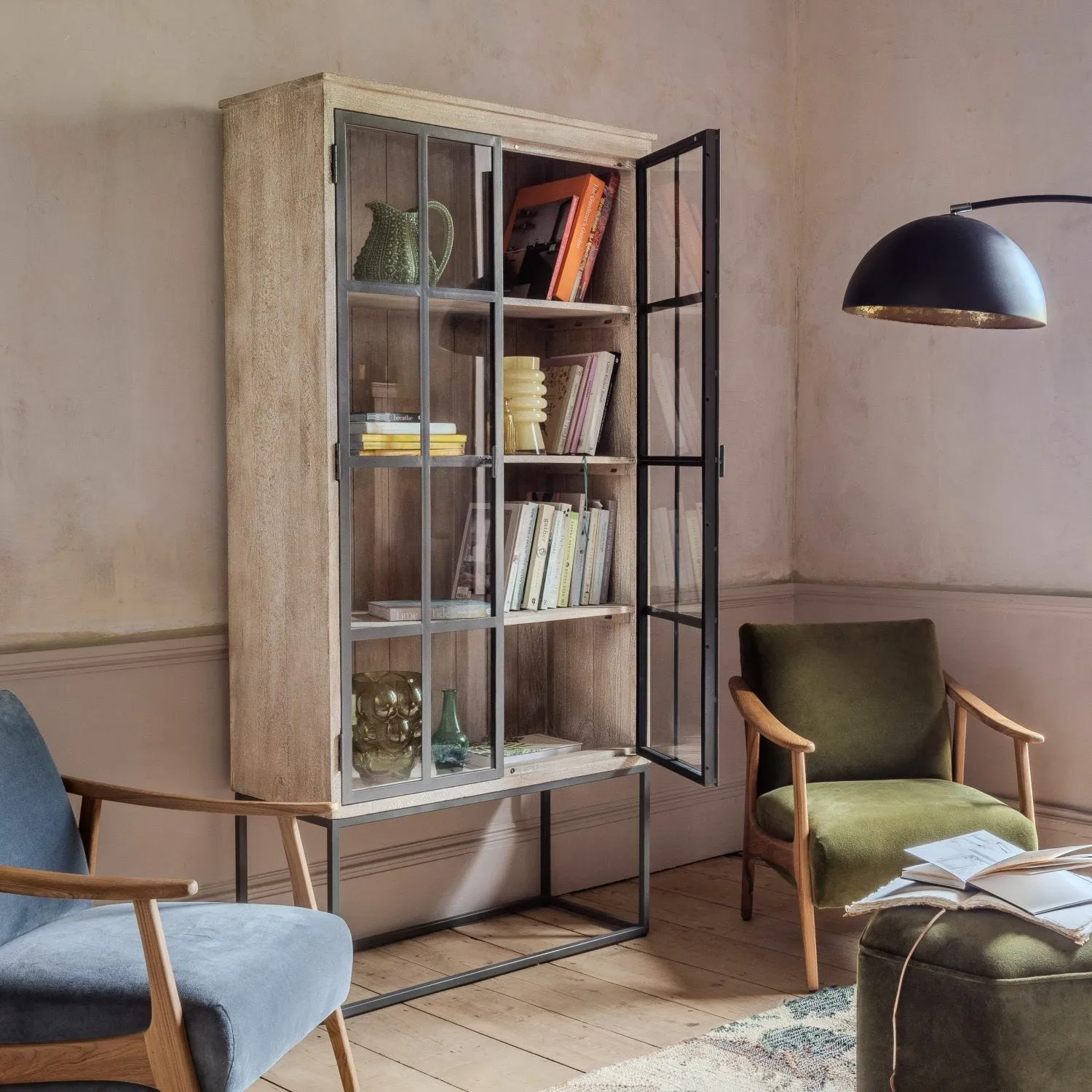 Clemens Wooden and Glass Cabinet - Black, Mango Wood