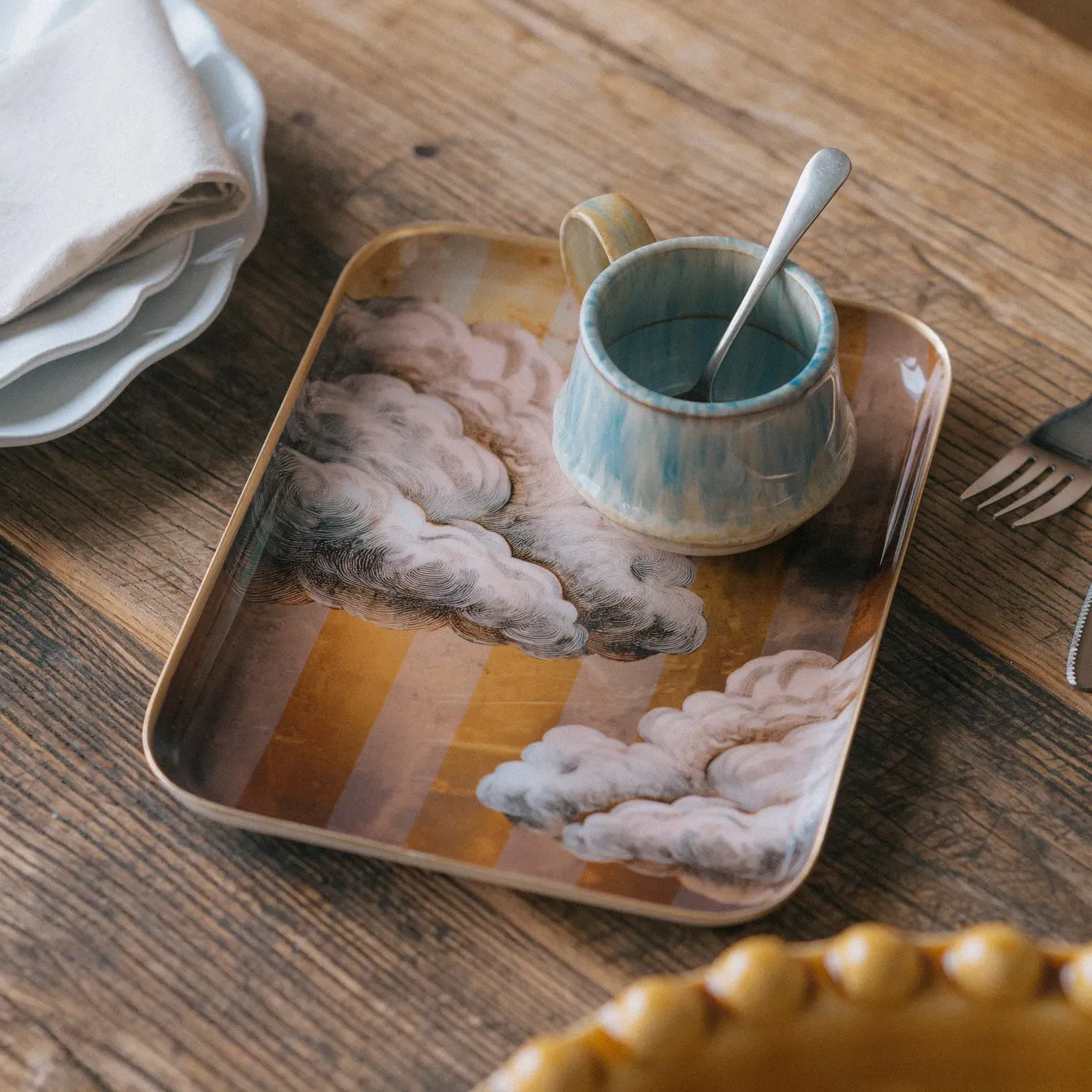 Clouds Medium Tray with Gold Trim - Orange, Aluminium