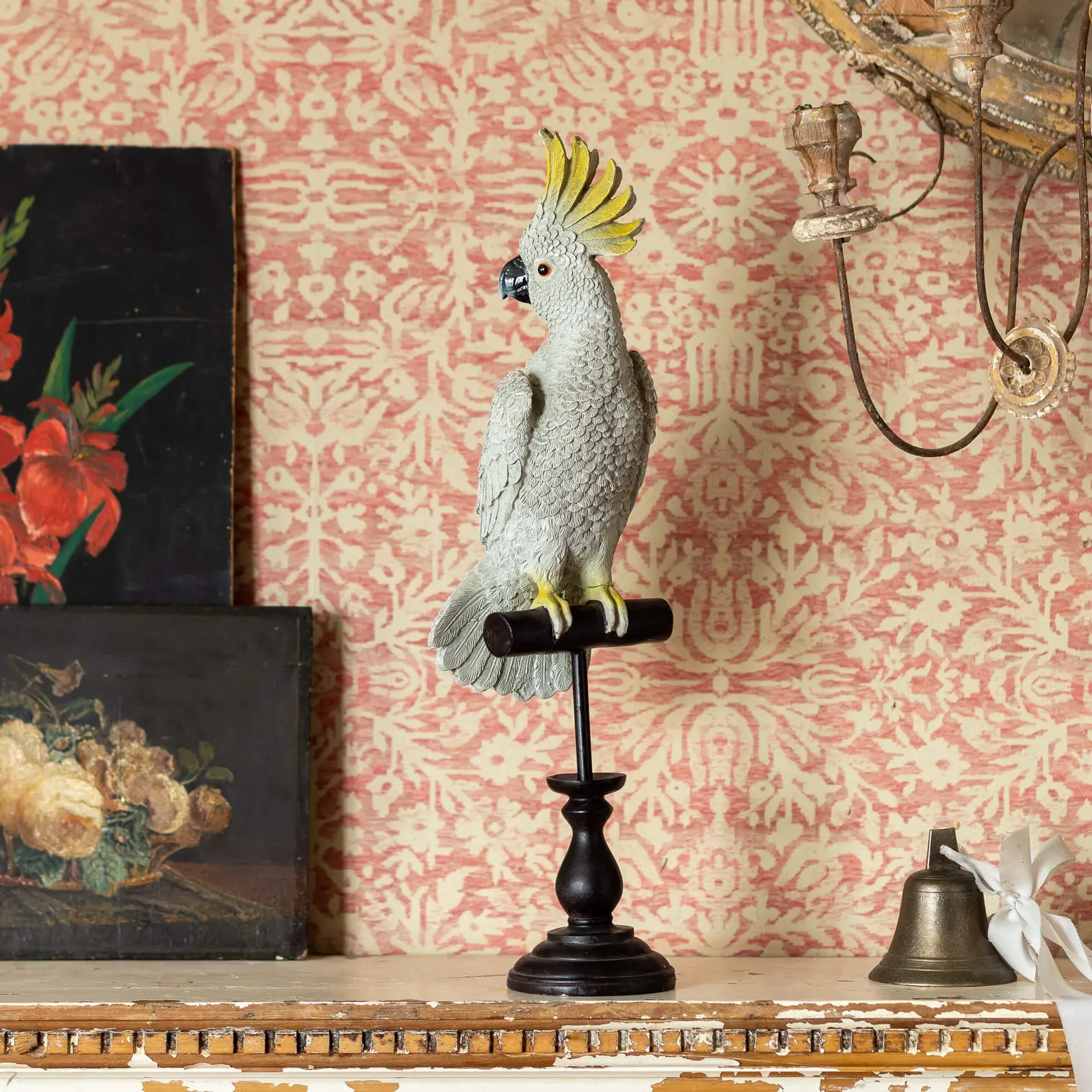 Cockatoo on Perch Ornament - White, Resin