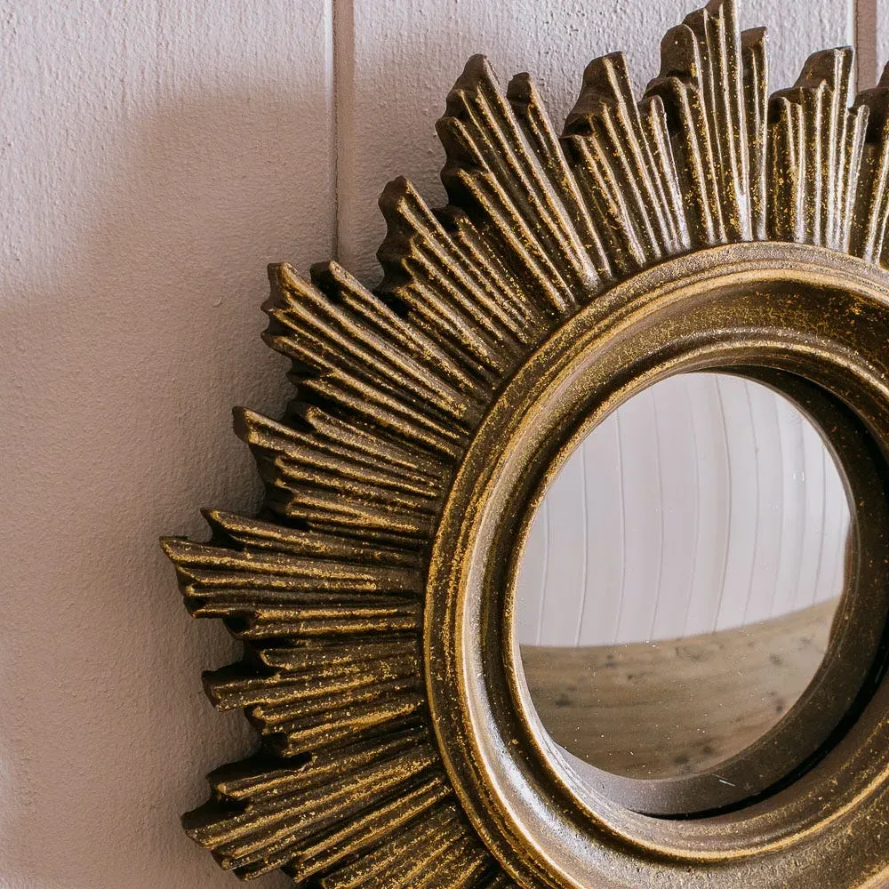 Convex Mirror with Sun Ray Frame - Antiqued Gold, Resin