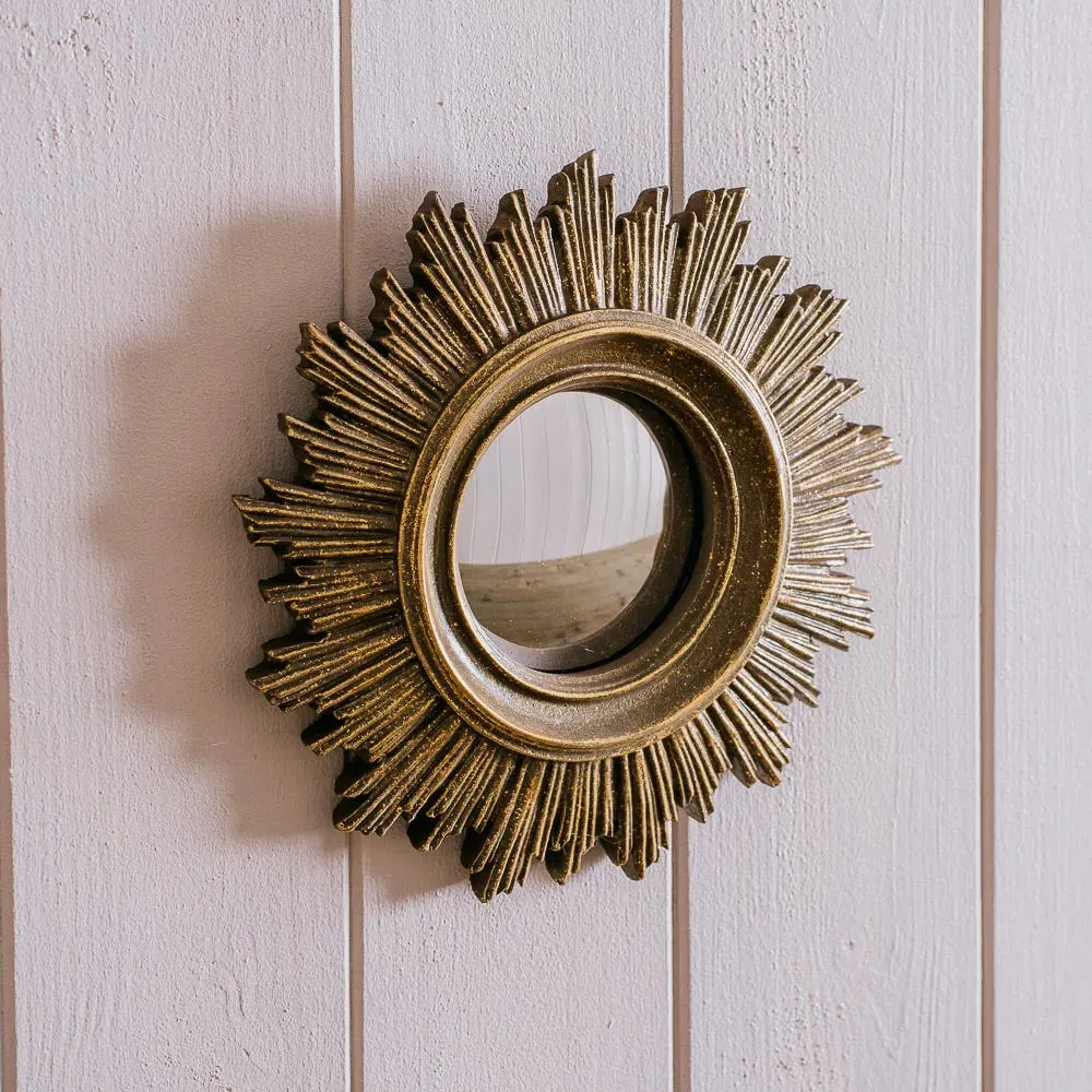 Convex Mirror with Sun Ray Frame - Antiqued Gold, Resin image