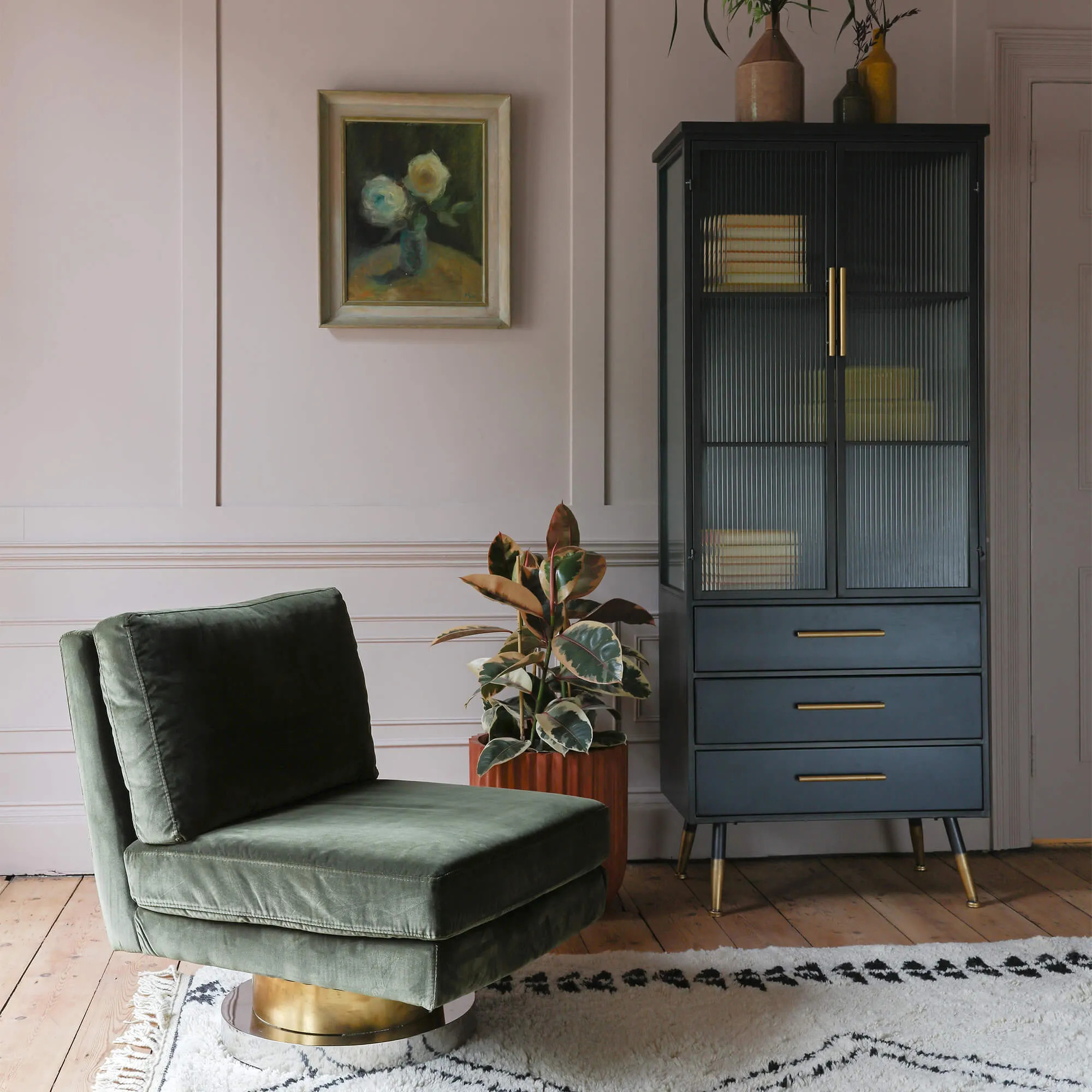 Corinne Swivel Chair - Green, Velvet