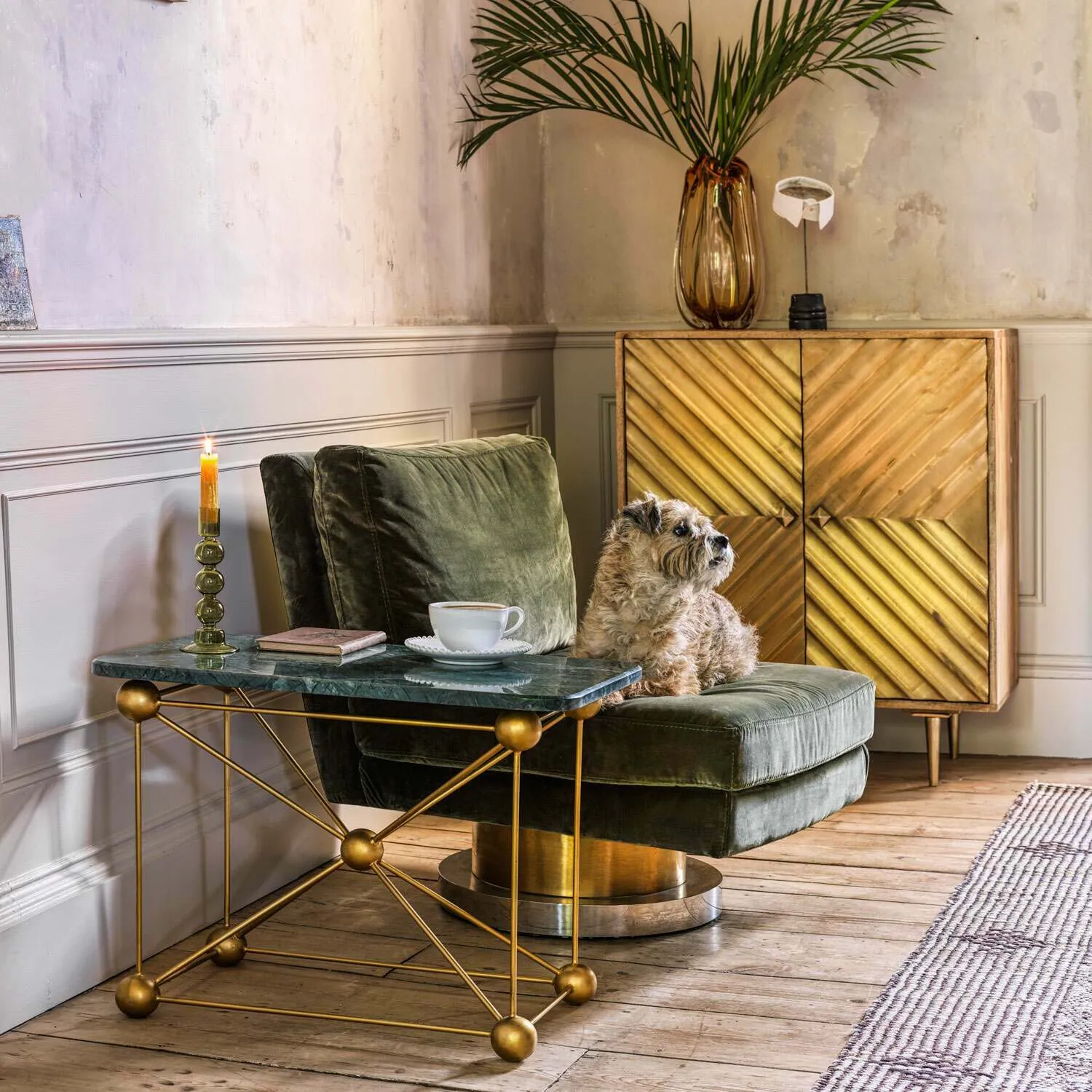 Corinne Swivel Chair - Green, Velvet