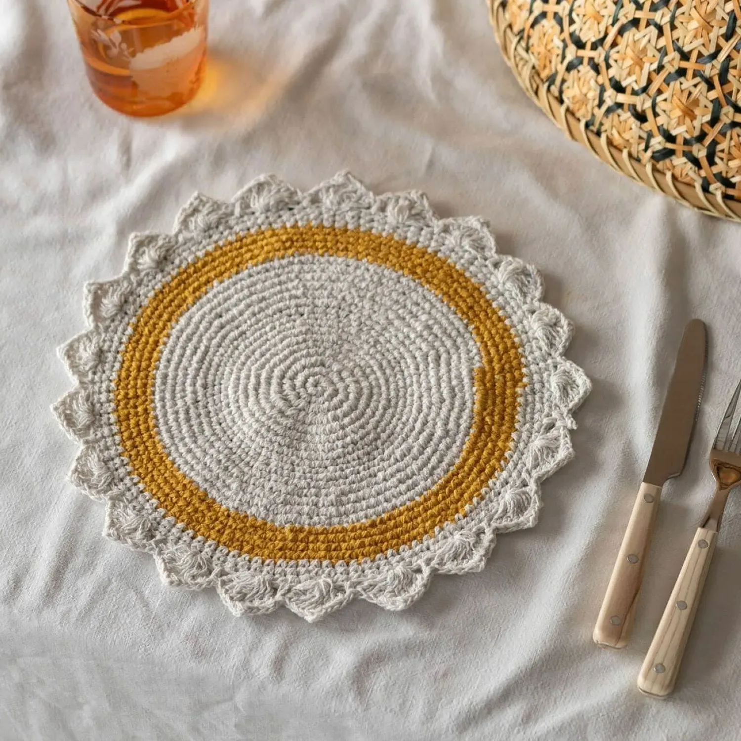 Crochet Round Placemat - Cream and Mustard, Cotton image