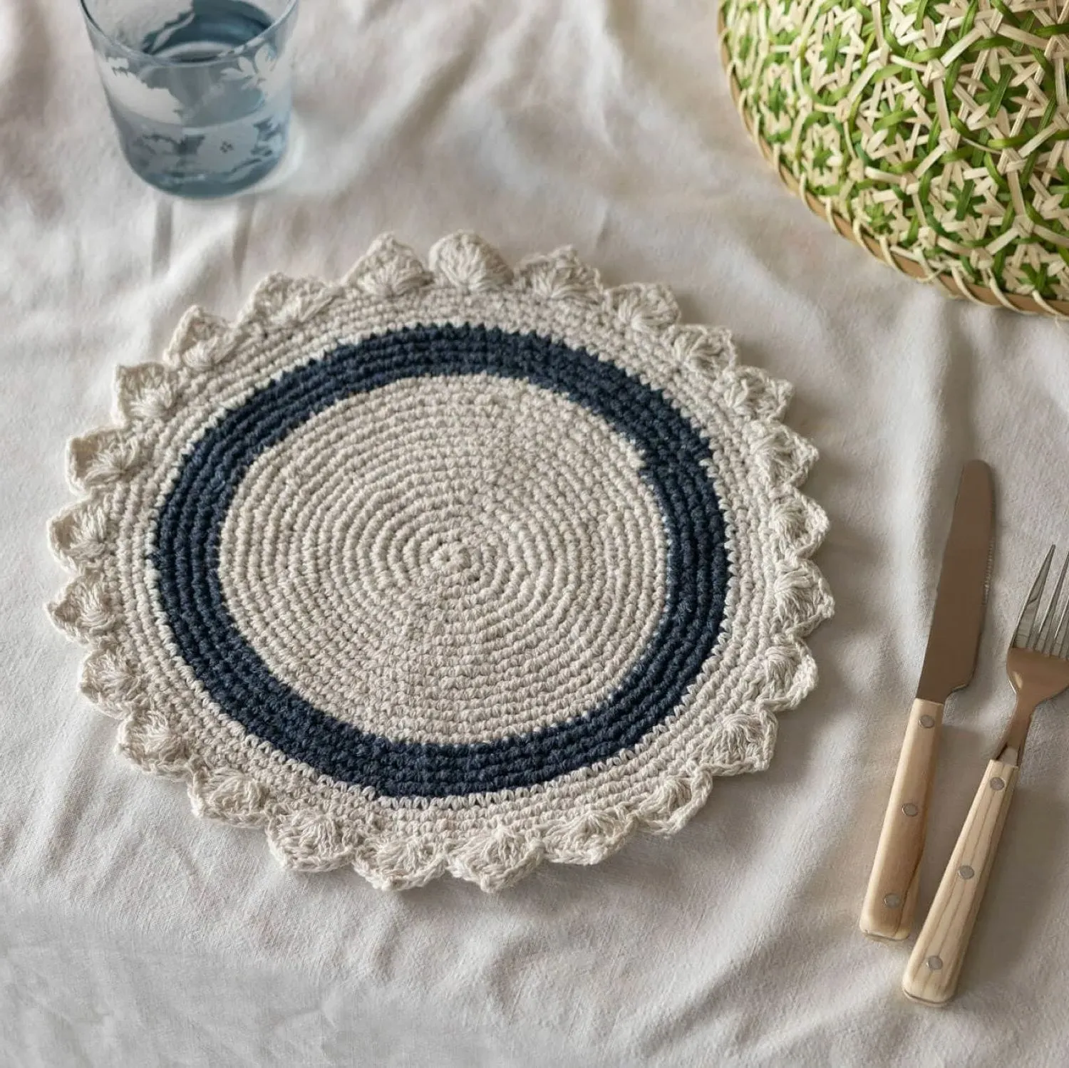 Crochet Round Placemat - Midnight Blue, Cotton