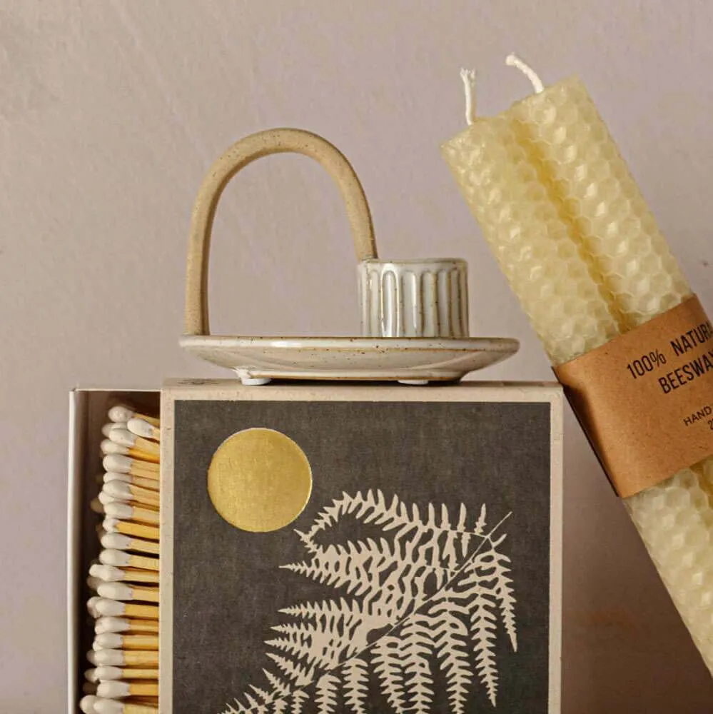 Curved Handle Candle Holder - White, Ceramic