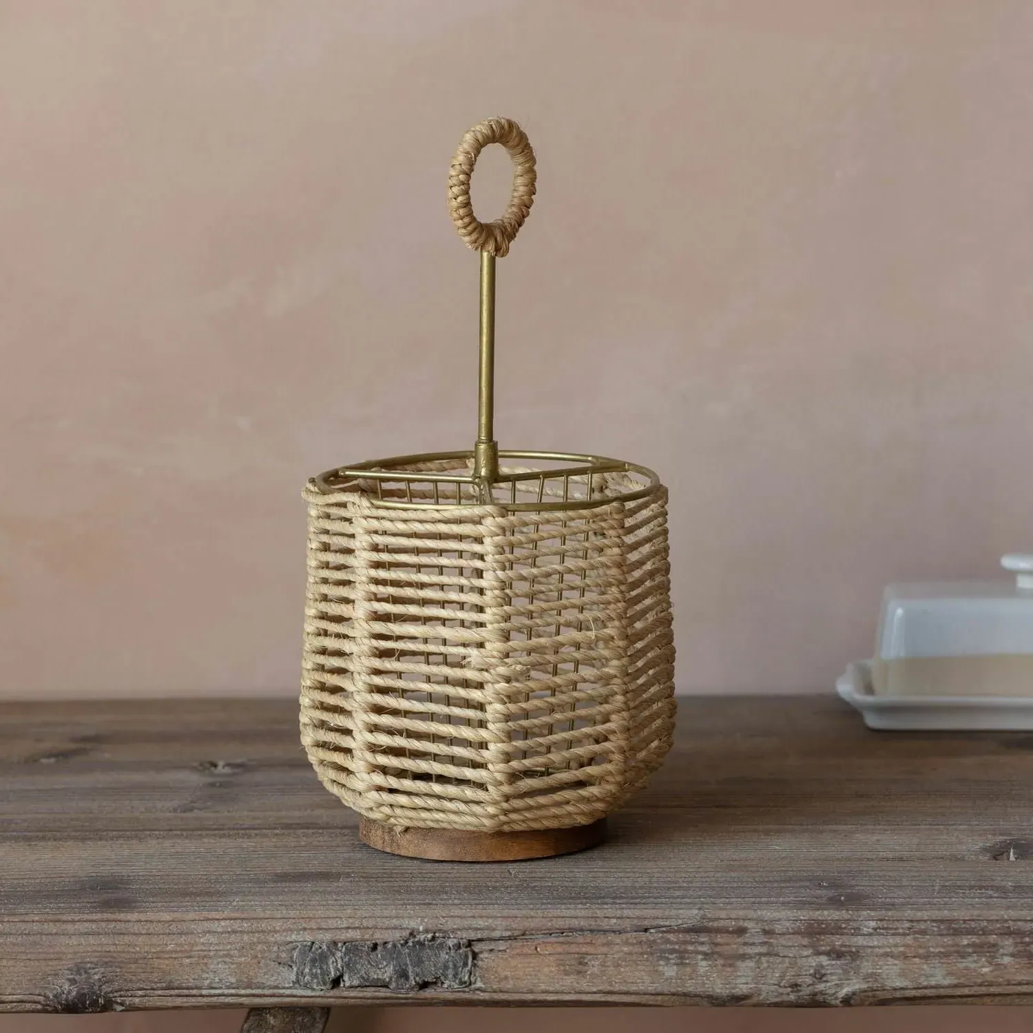 Cutlery Holder with Handle - Jute, Brass