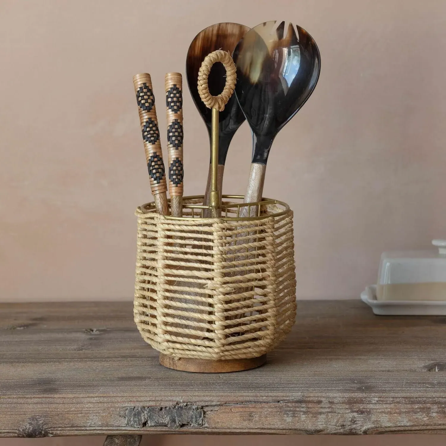 Cutlery Holder with Handle - Jute, Brass