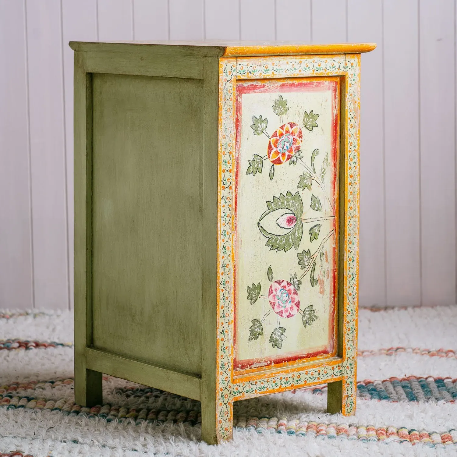 Dajie Painted Bedside Table - Green, Mango Wood