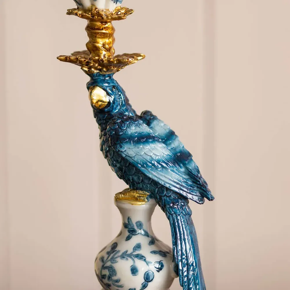 Delft Blue Ceramic Parrot Candle Holder - Blue, Resin