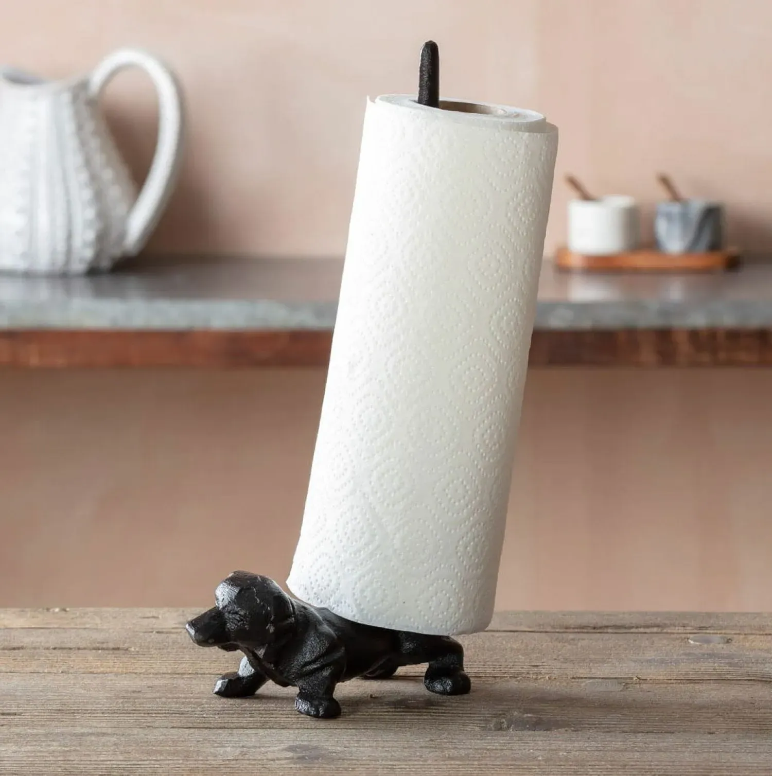 Dog Kitchen Roll Holder - Black, Cast Iron