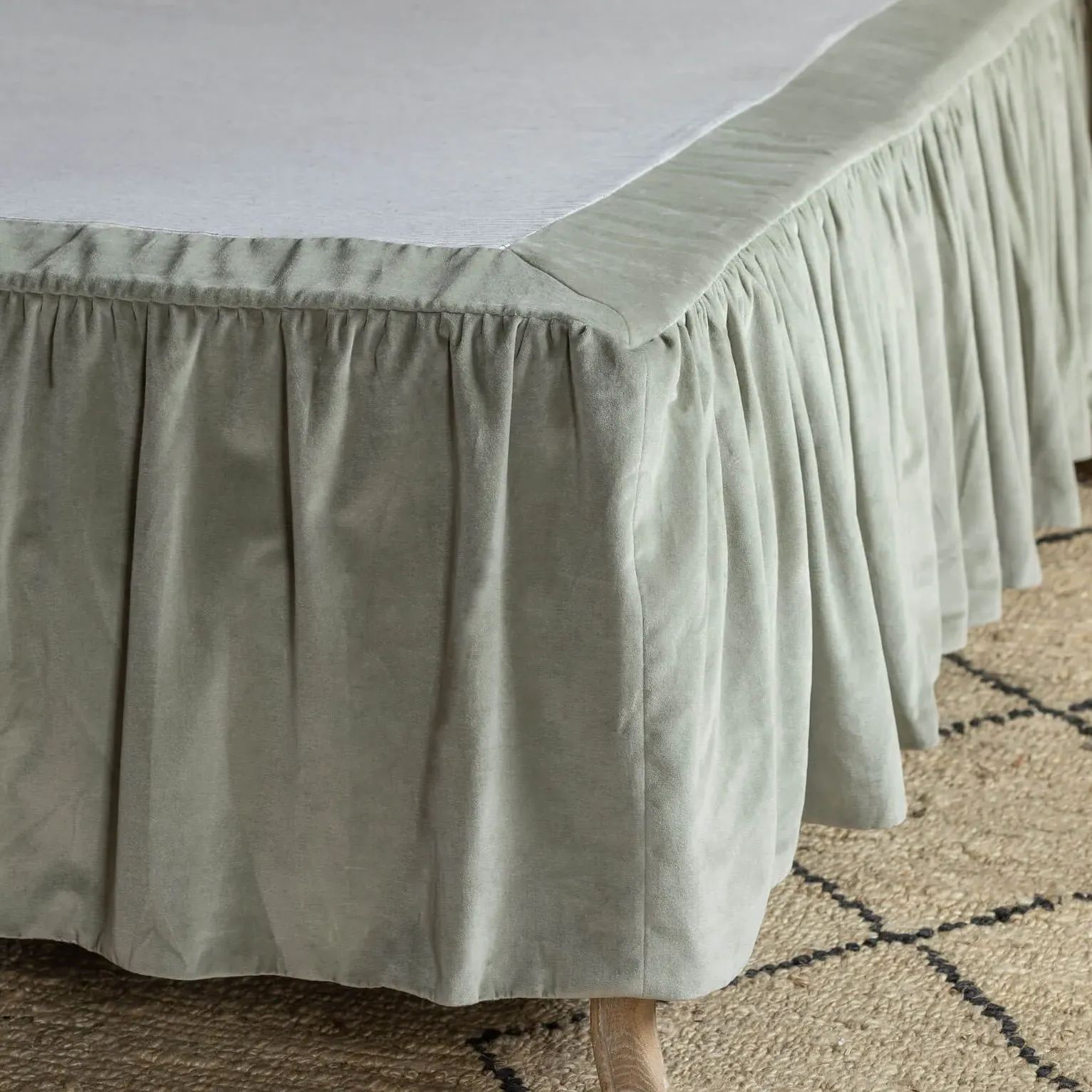 Double Bed Valance with Frill Edge - Pale Sage, Velvet
