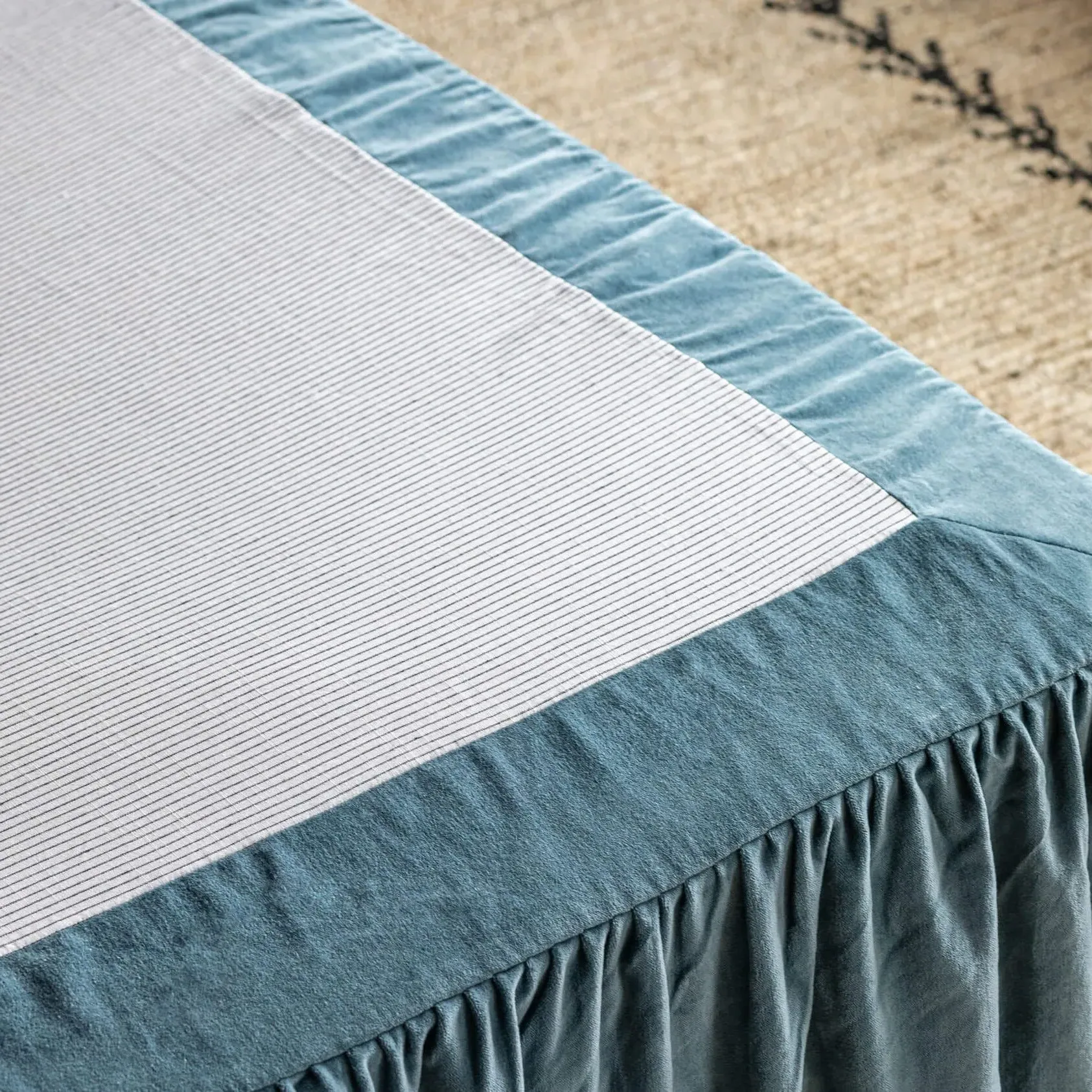 Double Bed Valance with Frill Edge - Smoke Blue, Velvet