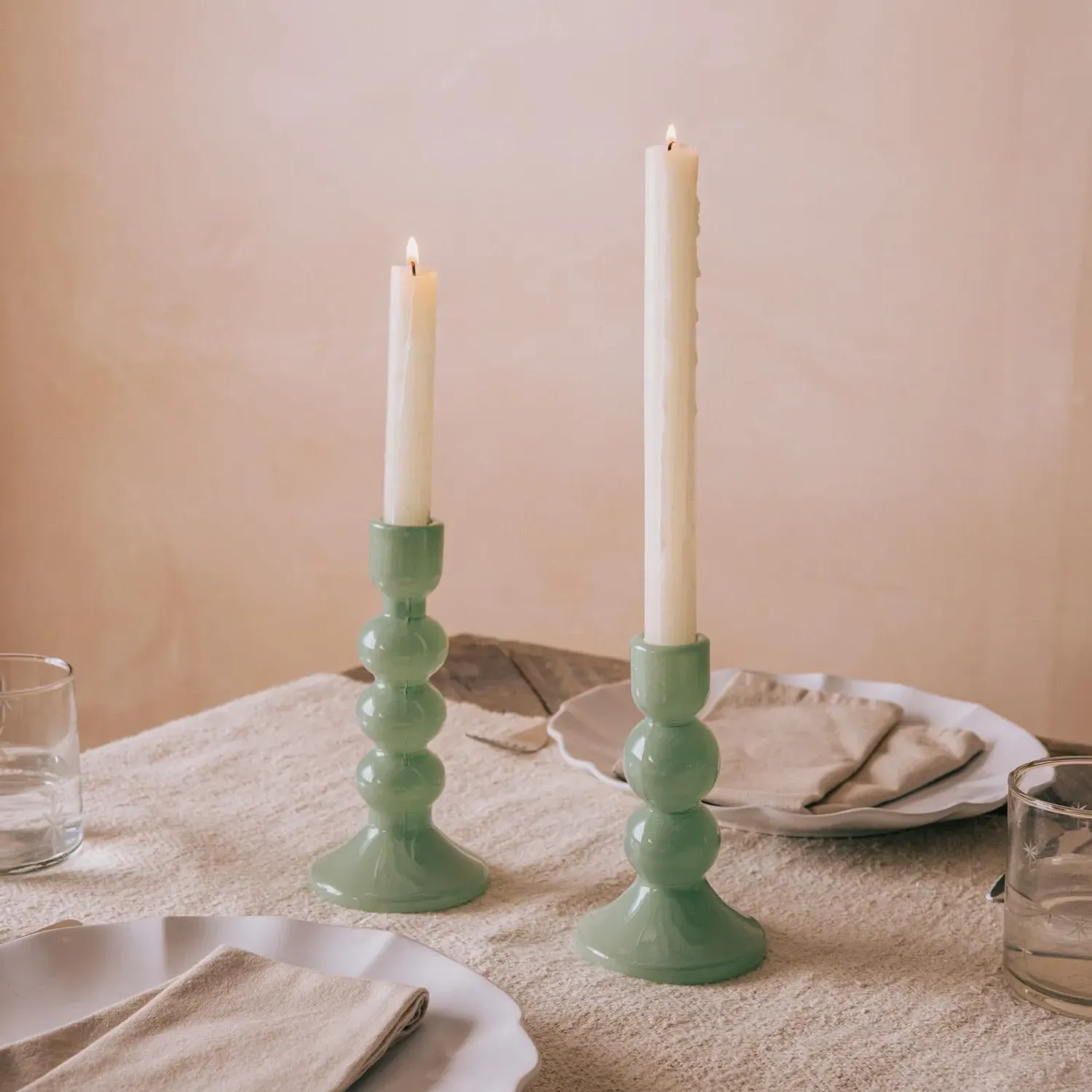 Double Bubble Candle Holder - Green, Glass