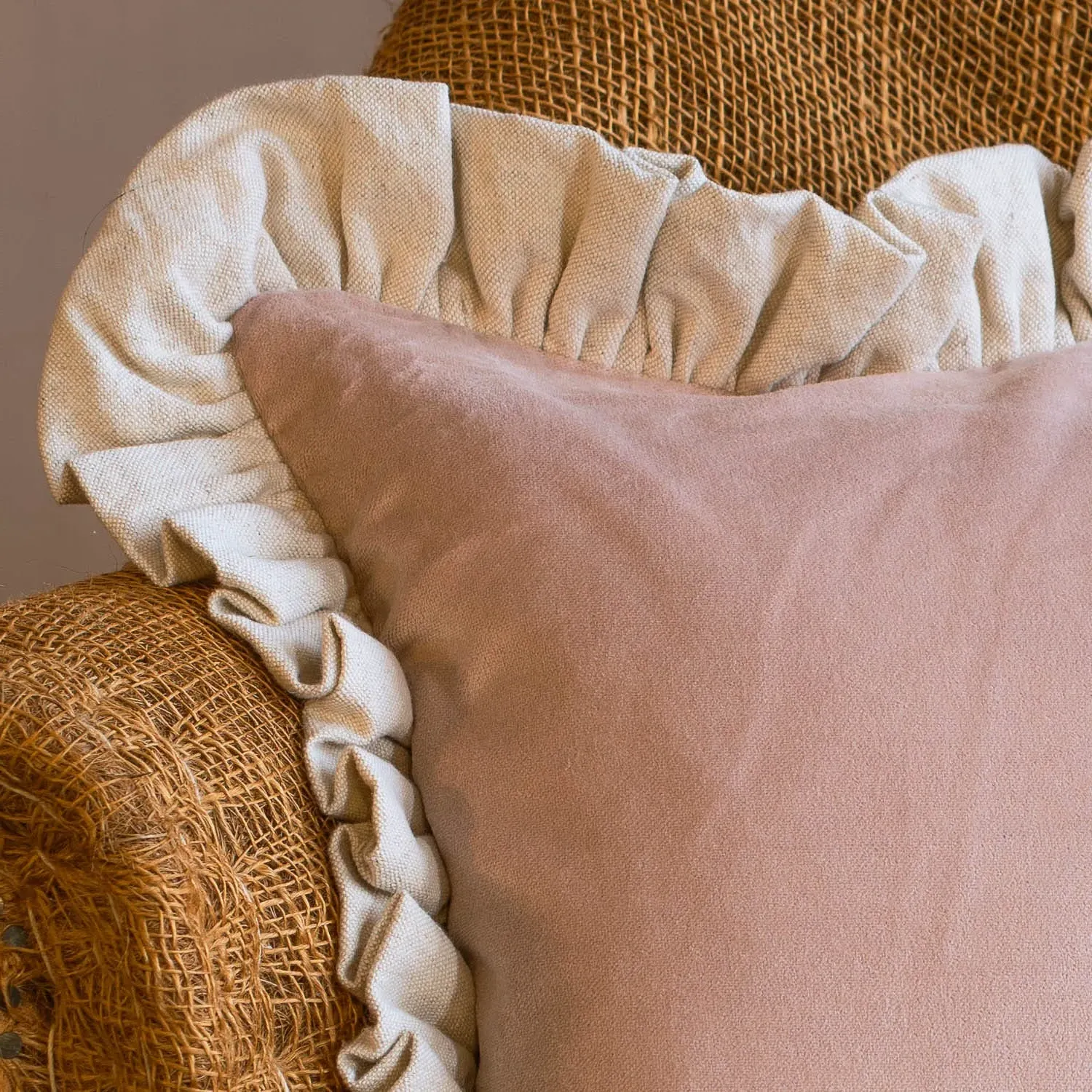 Dusty Rose Velvet Rectangular Cushion with Linen Frill - Pink