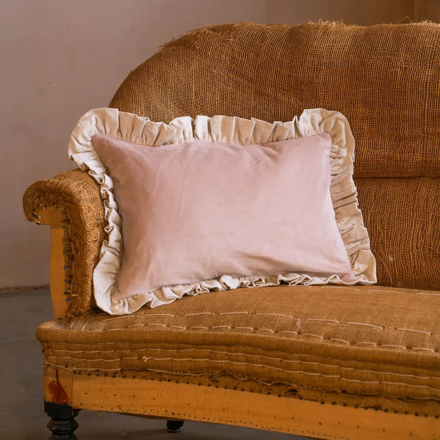 Dusty Rose Velvet Rectangular Cushion with Linen Frill - Pink image