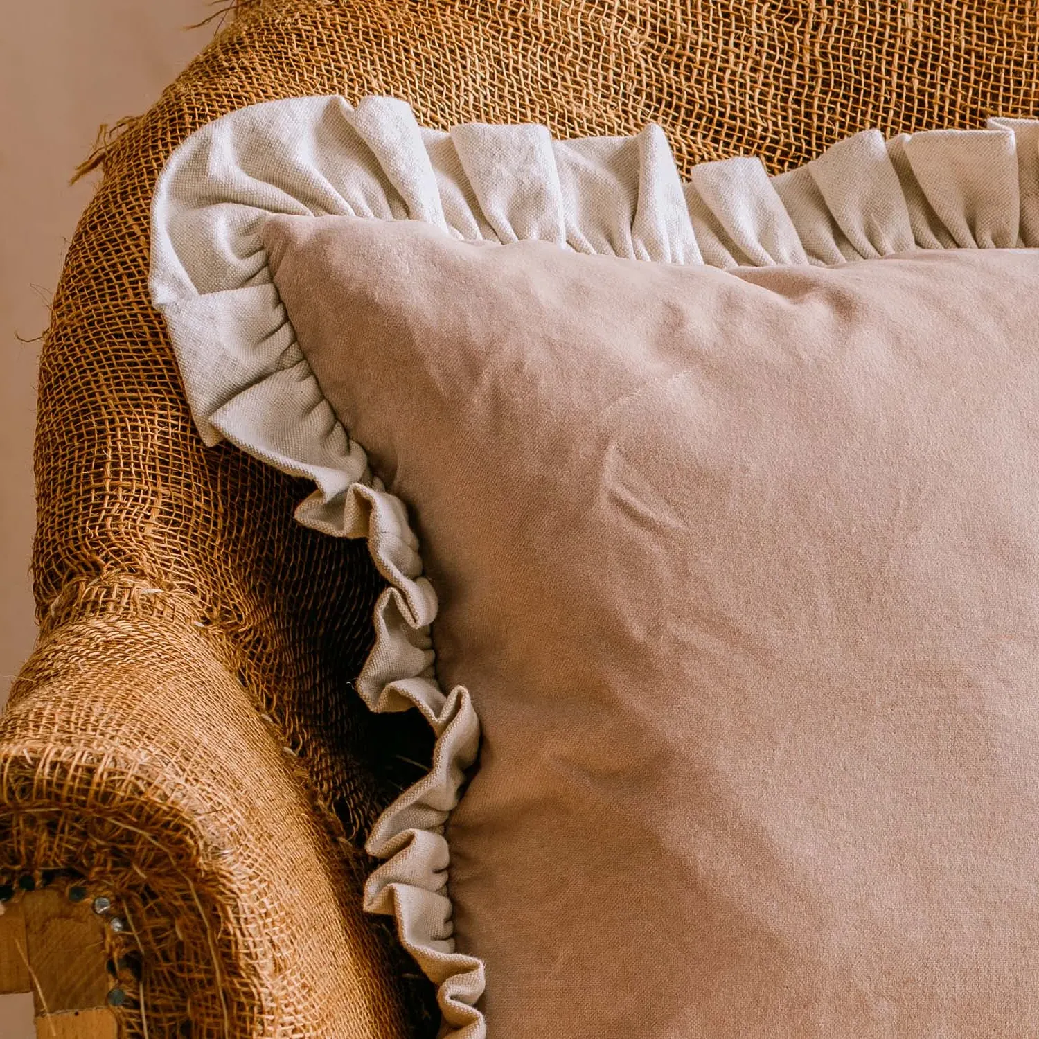 Dusty Rose Velvet Square Cushion with Linen Frill - Pink