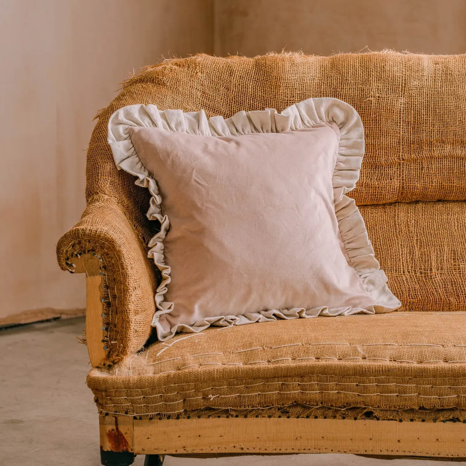 Dusty Rose Velvet Square Cushion with Linen Frill - Pink