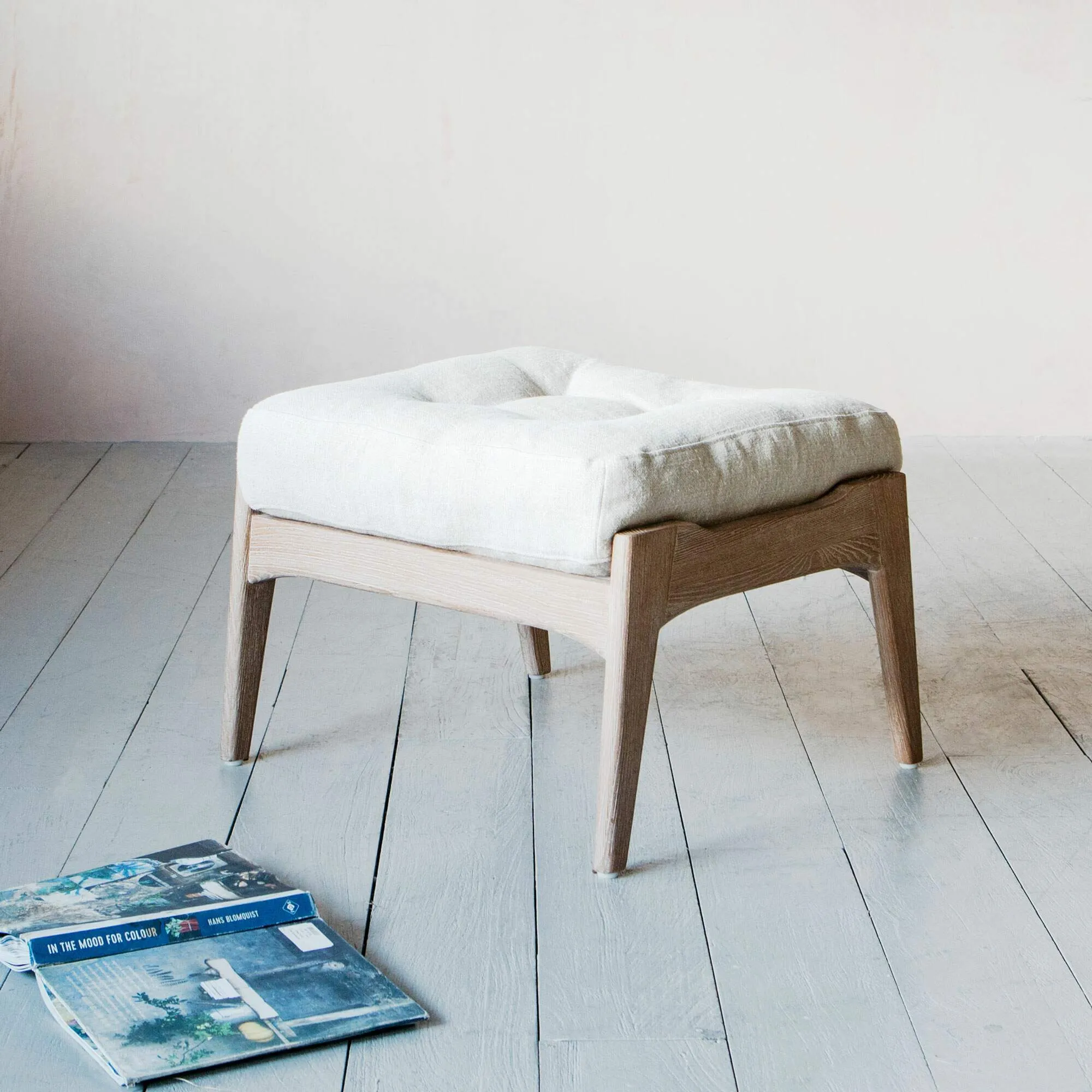 Dylan Linen Footstool - Natural, Ash Wood
