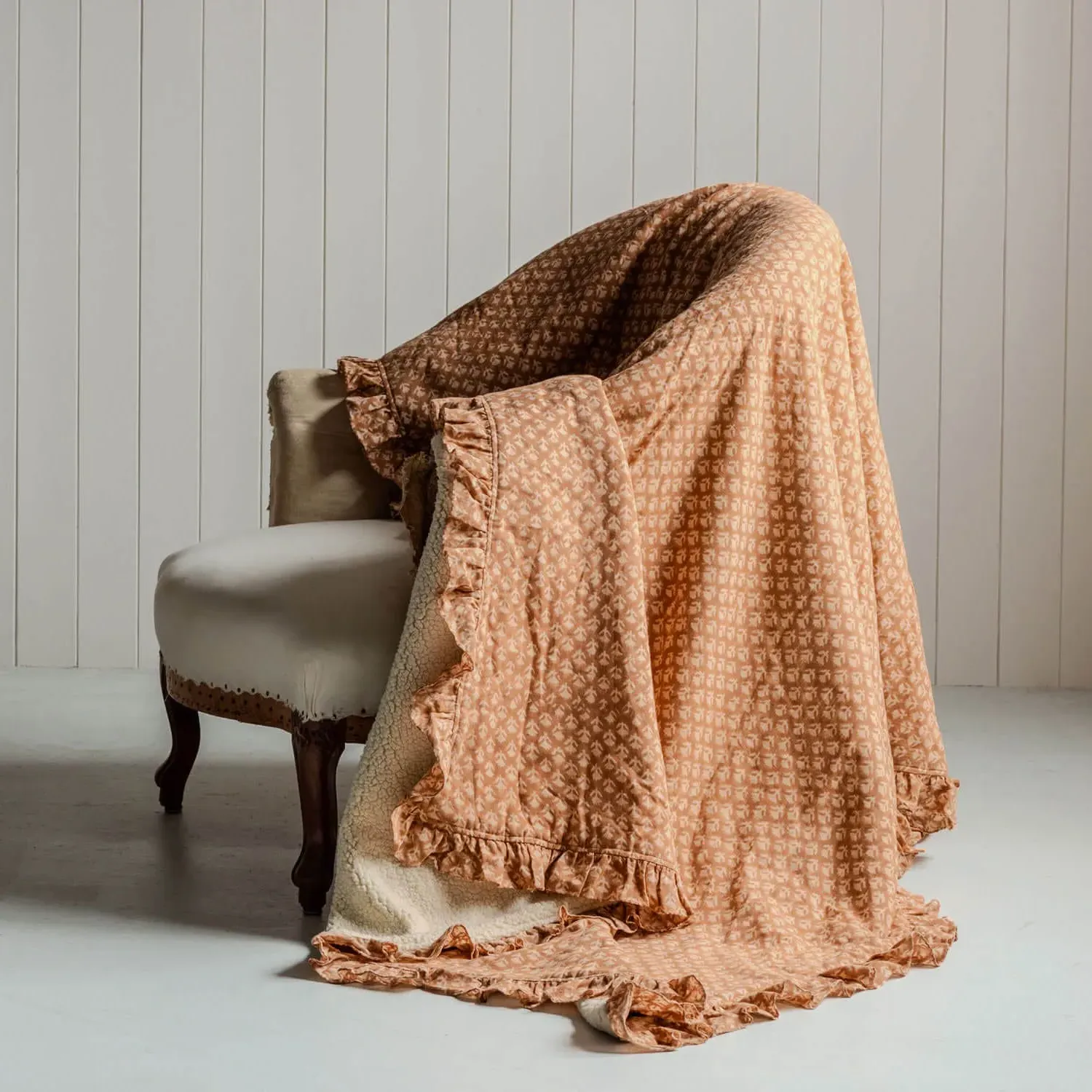 Eliza Floral Block Printed Sherpa Throw - Cotton