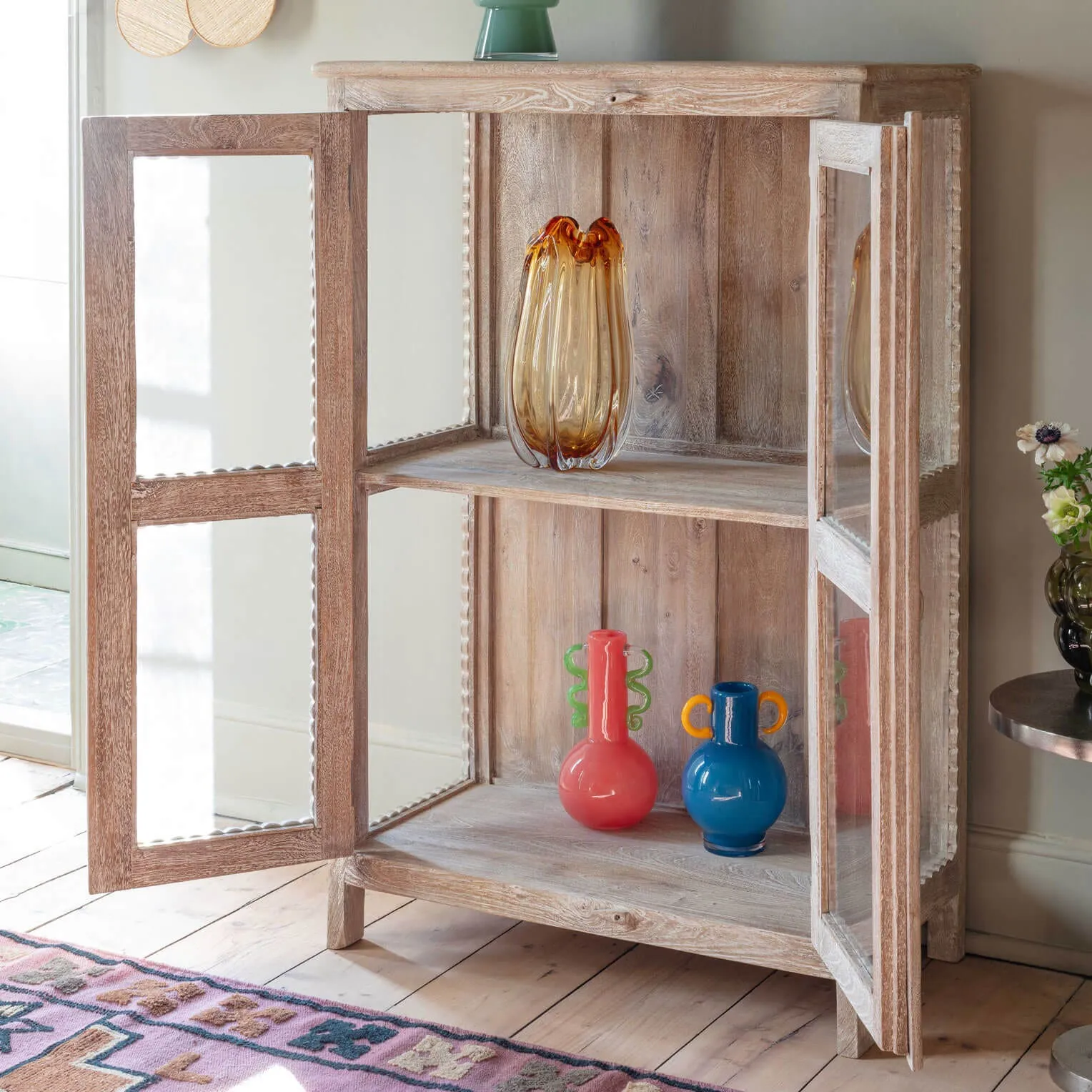Elliot Wooden and Glass Cabinet - Whitewashed, Mango Wood