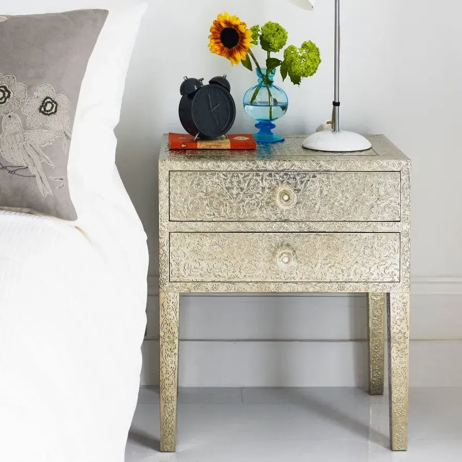 Embossed Bedside Table with Drawers - White, Metal image