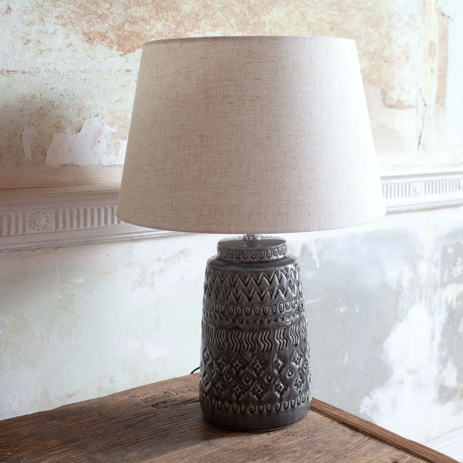 Embossed Ceramic Bedside Lamp with Shade - Grey image