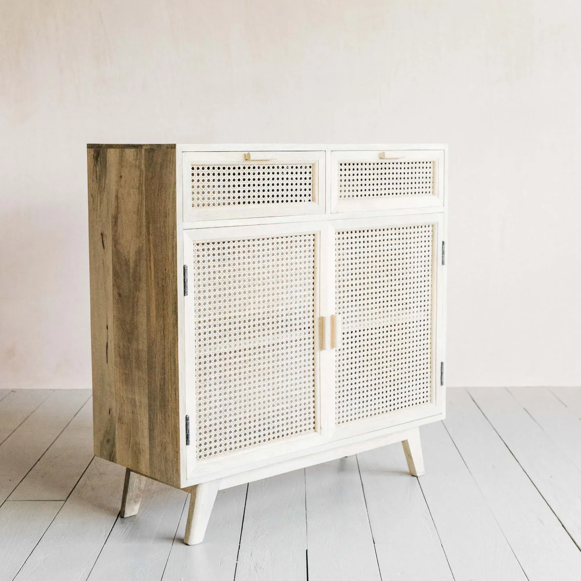 Esben Cane Cupboard with Drawers - White, Mango Wood