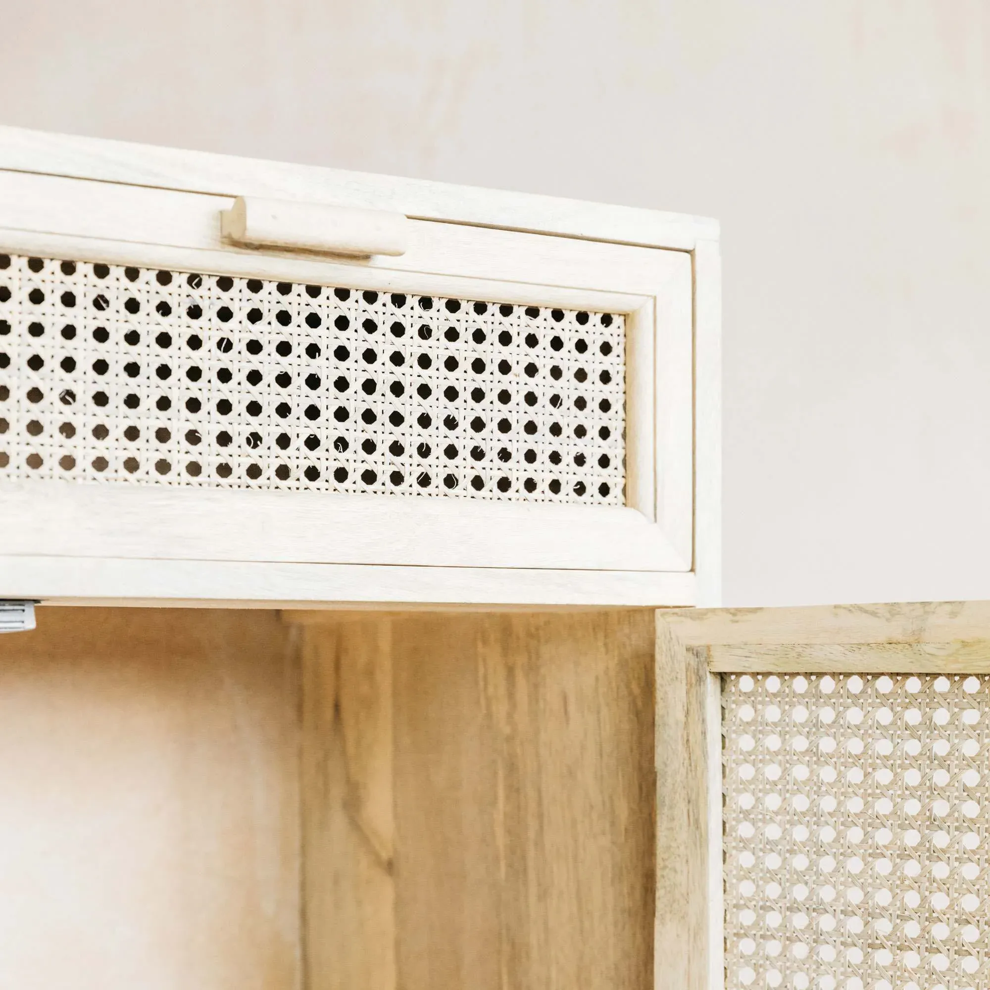 Esben Cane Cupboard with Drawers - White, Mango Wood