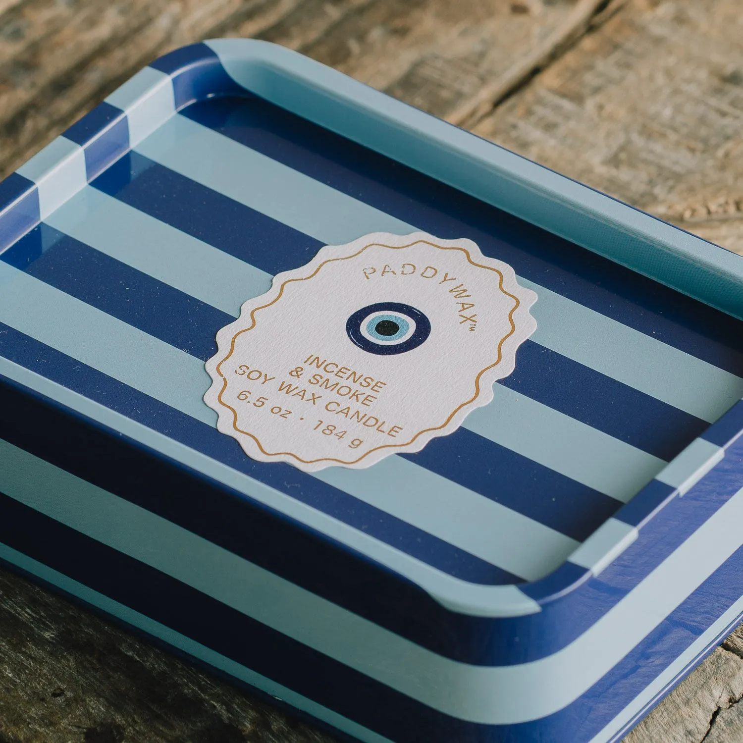 Evil Eye & Blue Stripe Double Candle in Tin