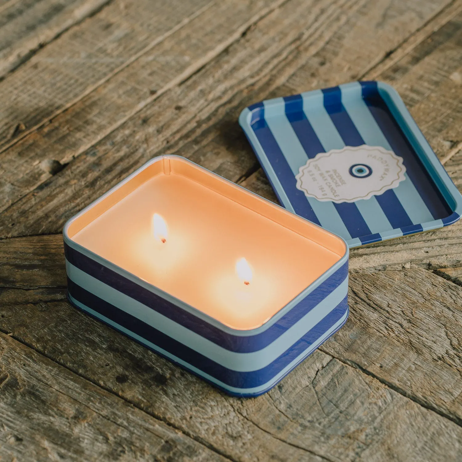 Evil Eye & Blue Stripe Double Candle in Tin image
