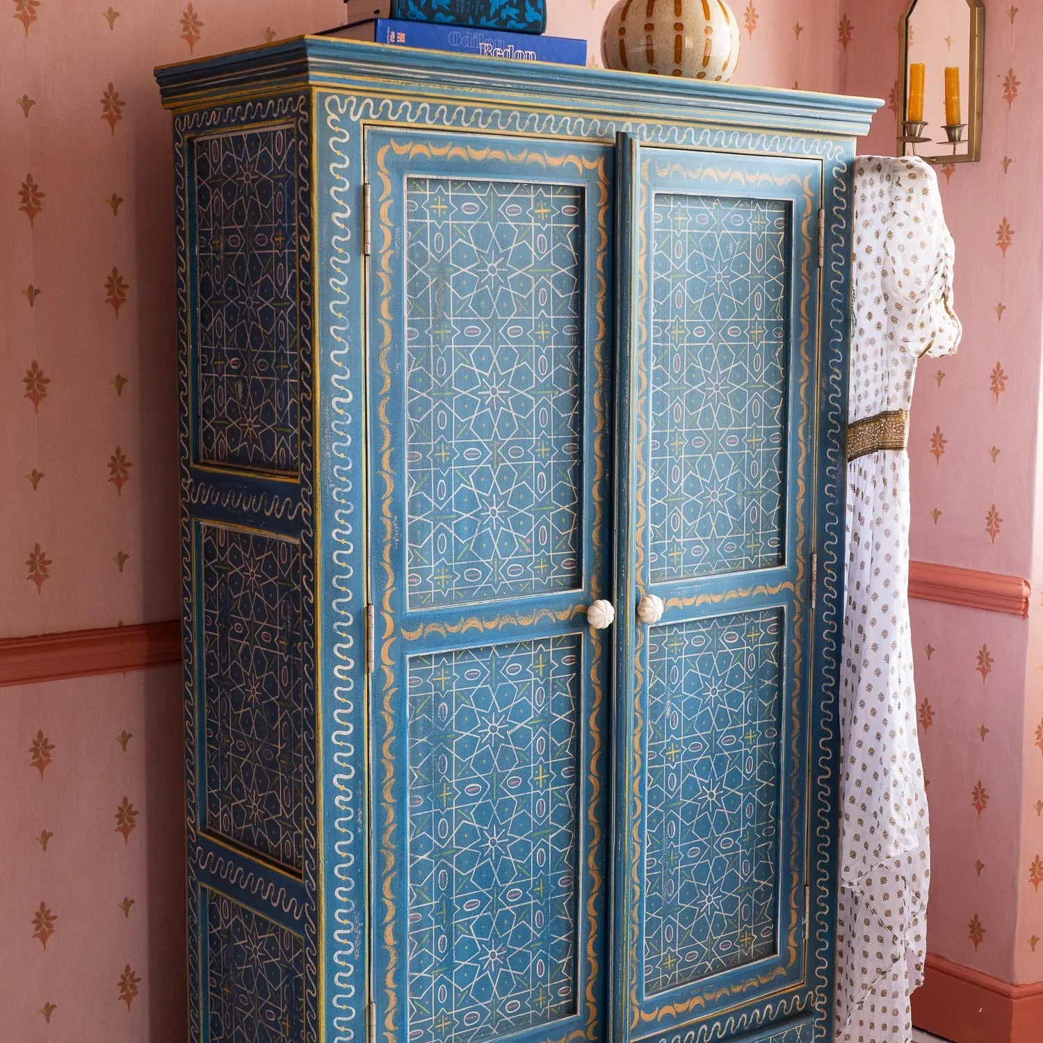 Faiza Painted Wooden Cabinet - Aqua Blue, Mango Wood