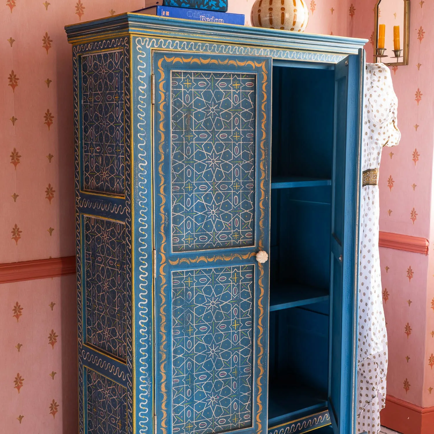Faiza Painted Wooden Cabinet - Aqua Blue, Mango Wood