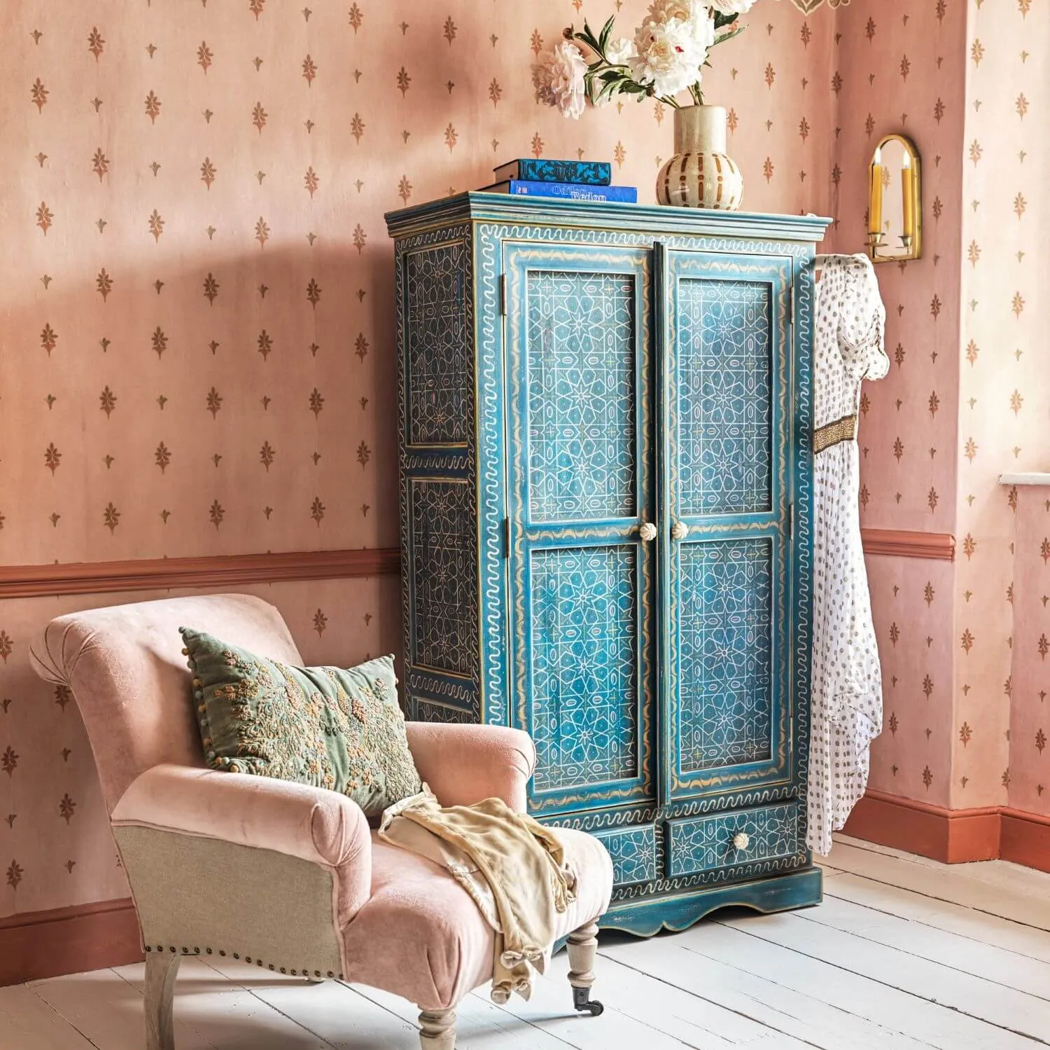 Faiza Painted Wooden Cabinet - Aqua Blue, Mango Wood