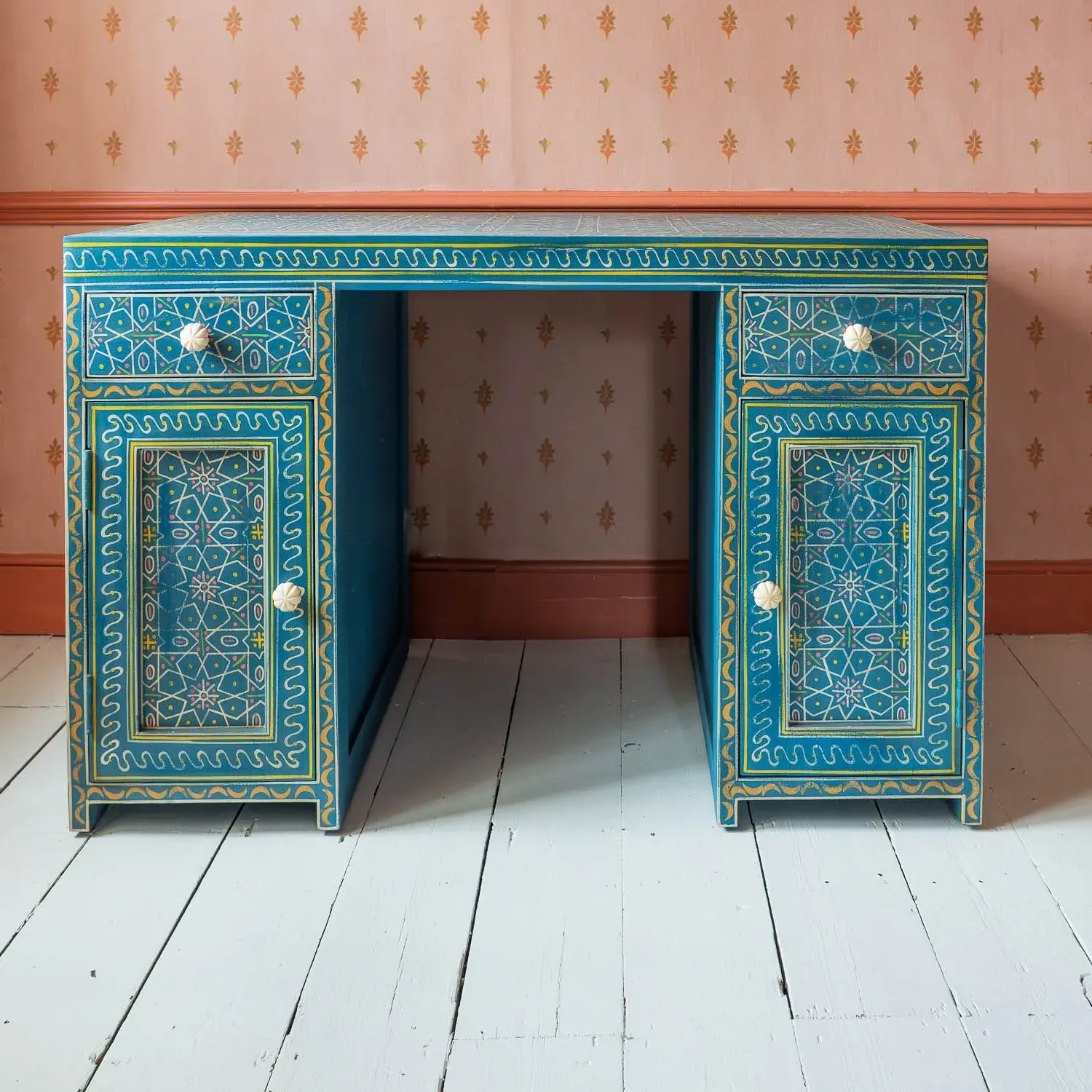 Faiza Painted Wooden Desk - Aqua Blue, Mango Wood