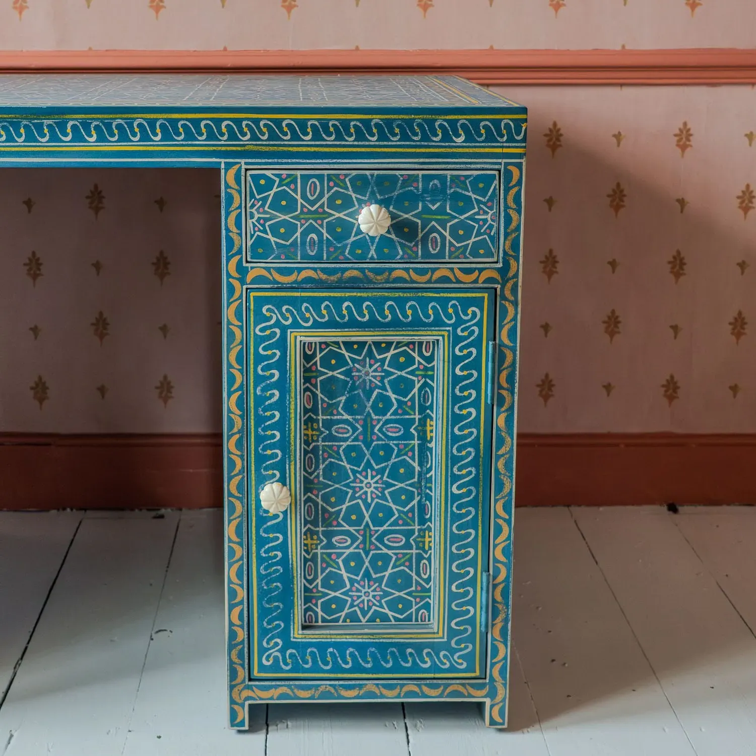 Faiza Painted Wooden Desk - Aqua Blue, Mango Wood