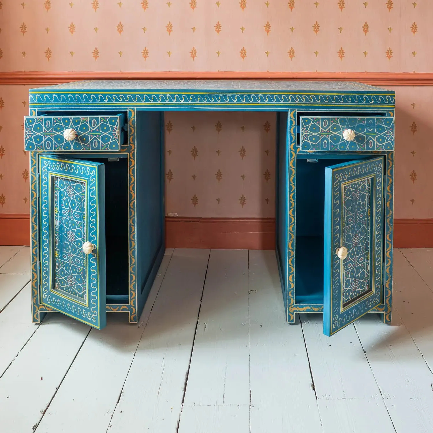 Faiza Painted Wooden Desk - Aqua Blue, Mango Wood