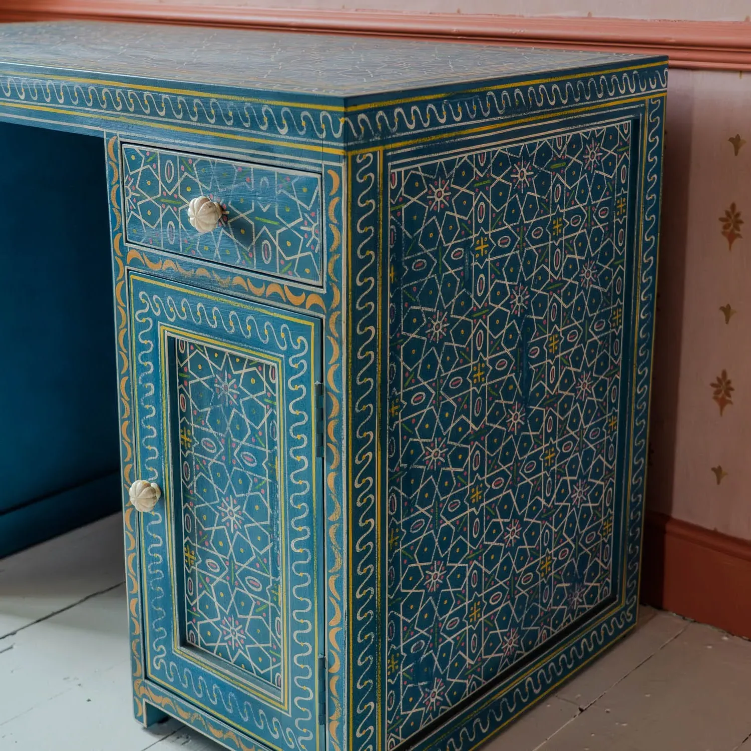 Faiza Painted Wooden Desk - Aqua Blue, Mango Wood