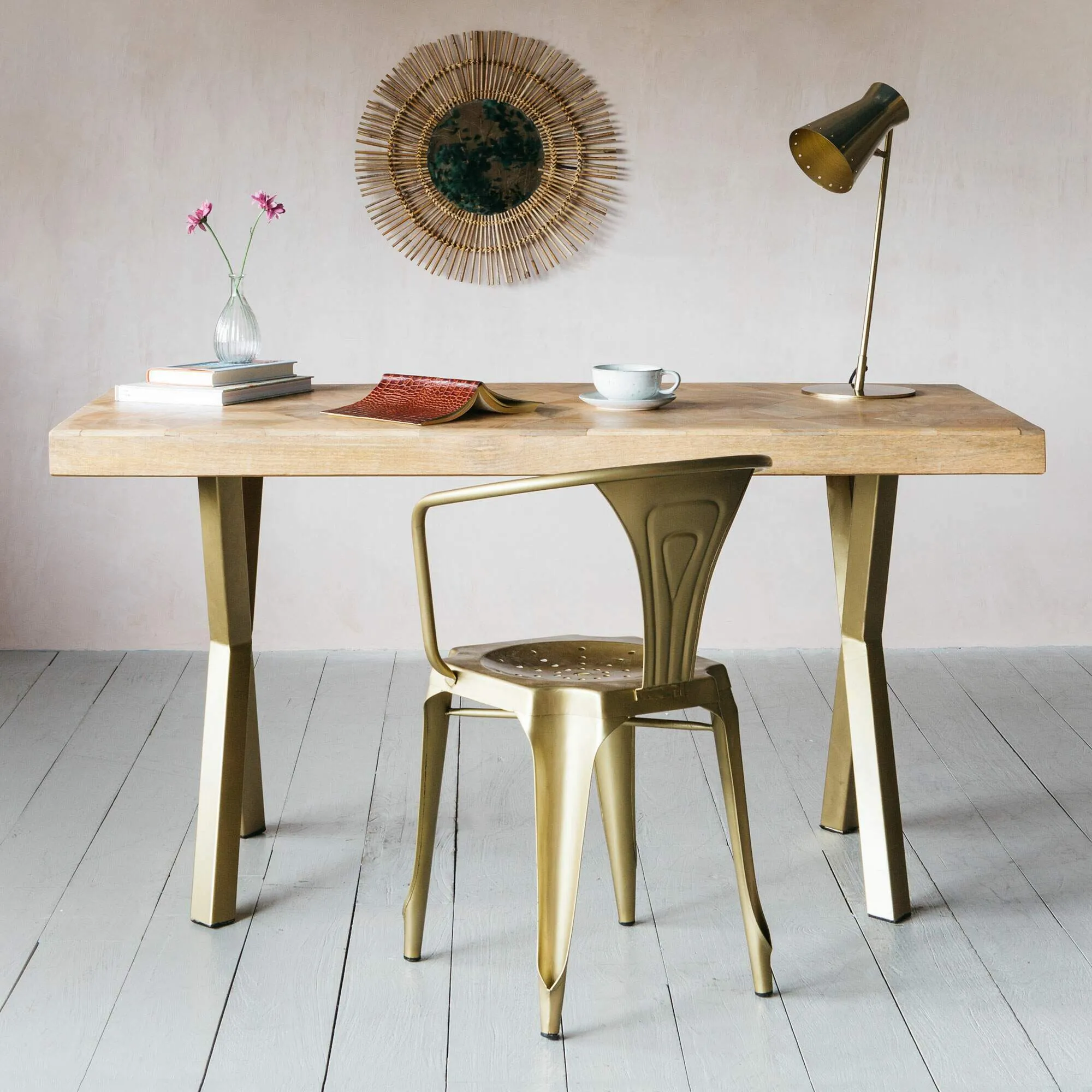 Faye Parquetry Desk - Wood, Brass
