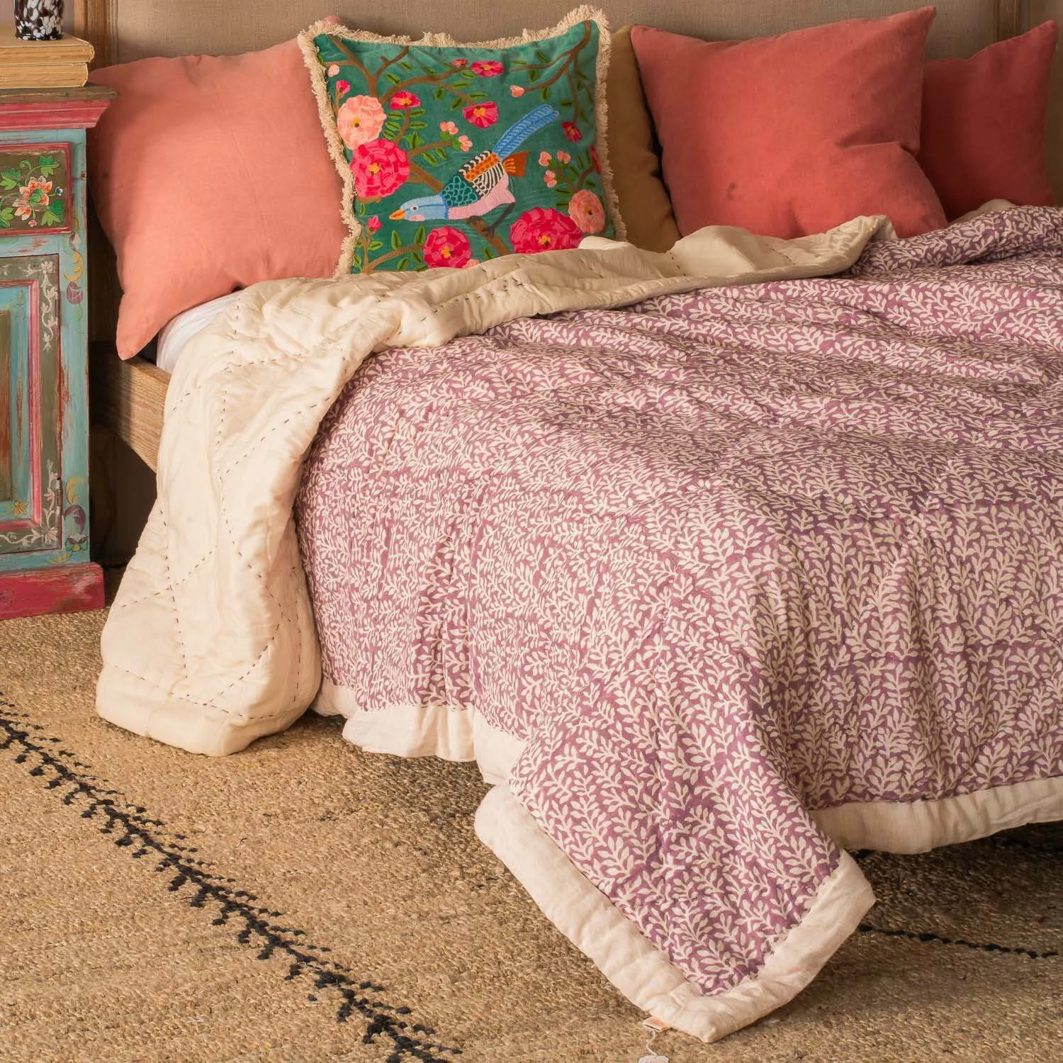 Fern Hand-Printed Quilt - Aubergine, Cotton