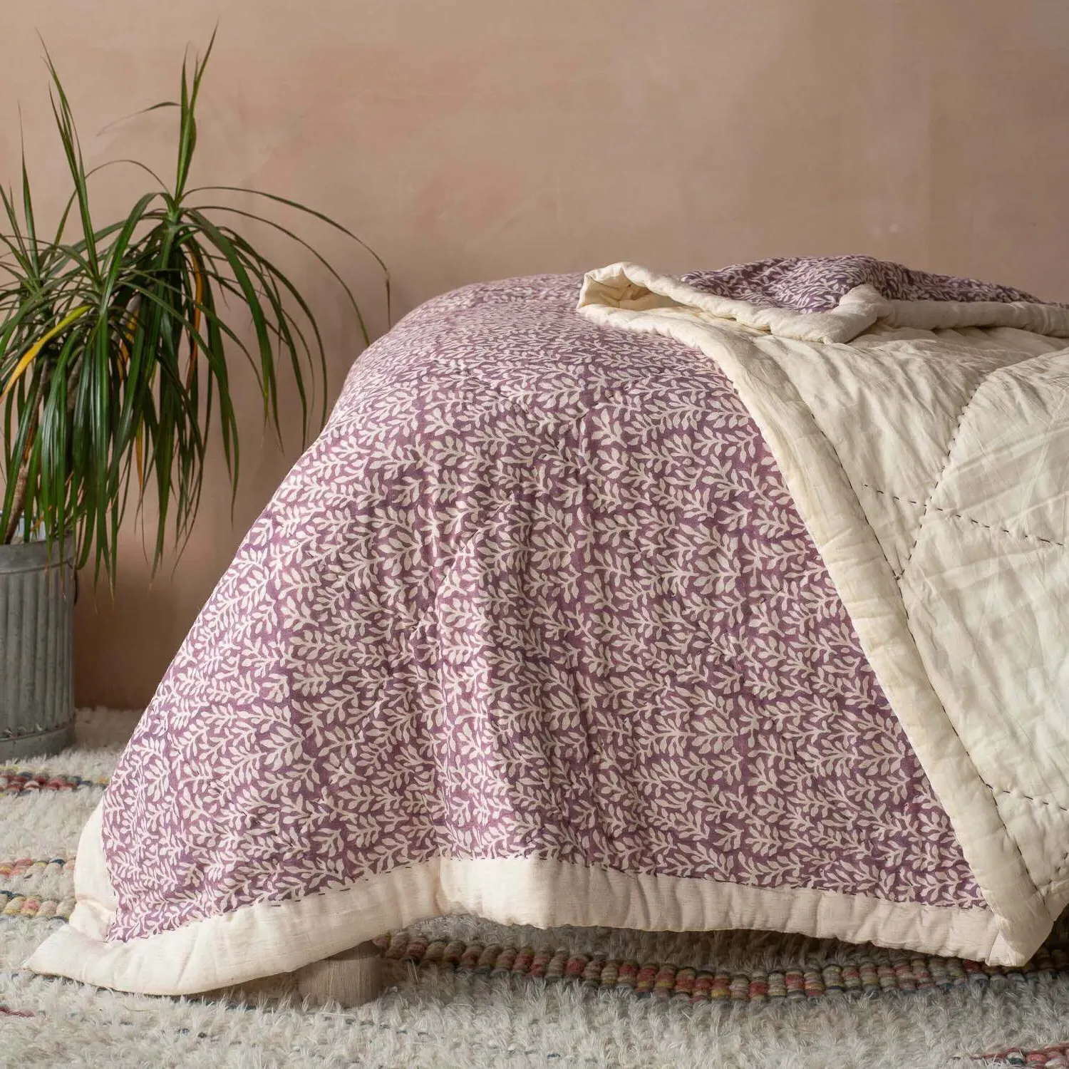 Fern Hand-Printed Quilt - Aubergine, Cotton
