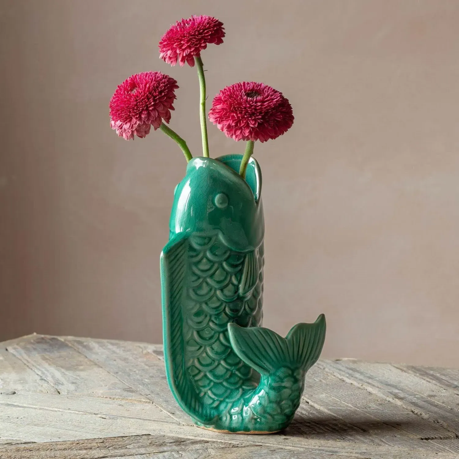 Fin the Fish Vase - Blue-Green, Ceramic
