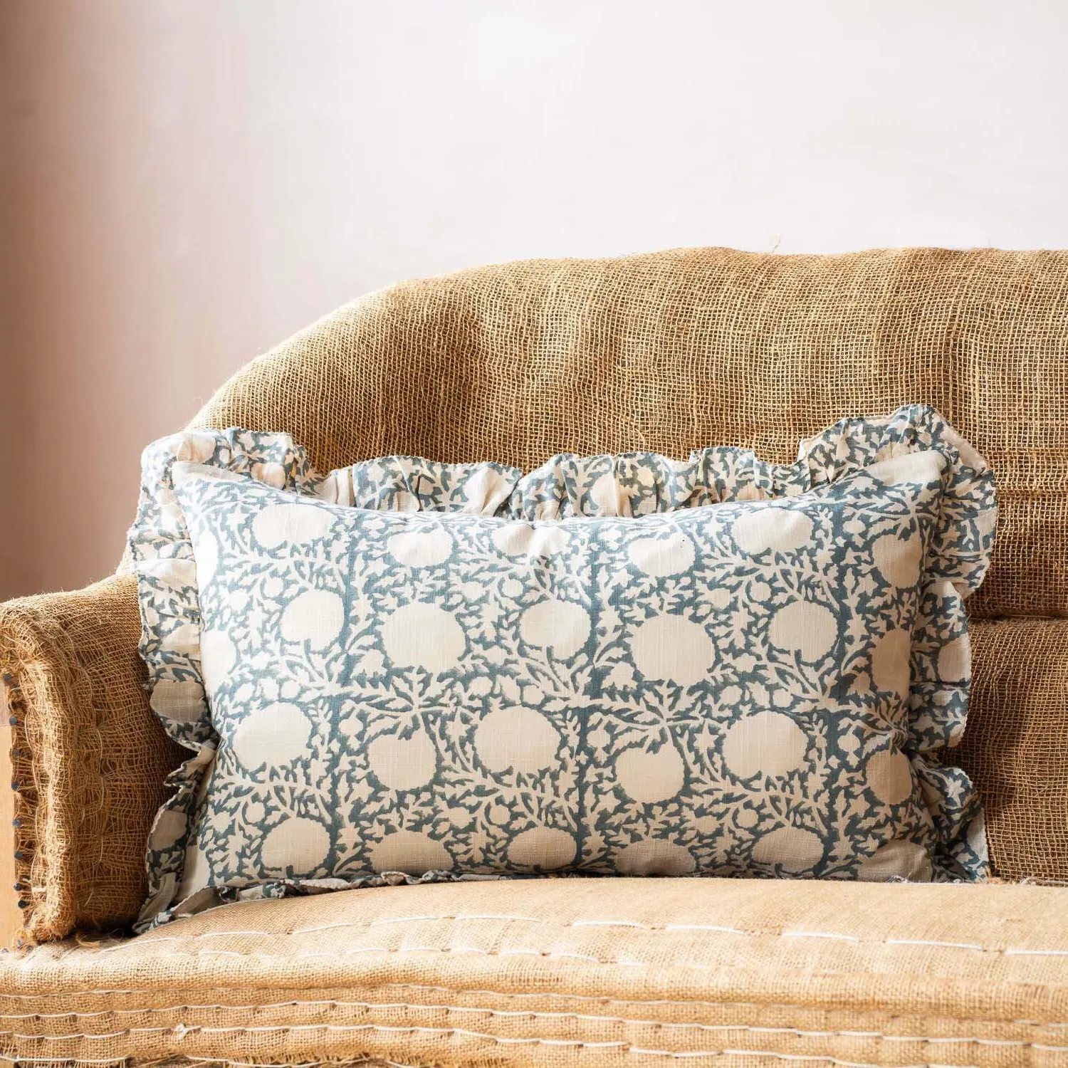 Fleur Rectangular Block Printed Cushion - Cotton