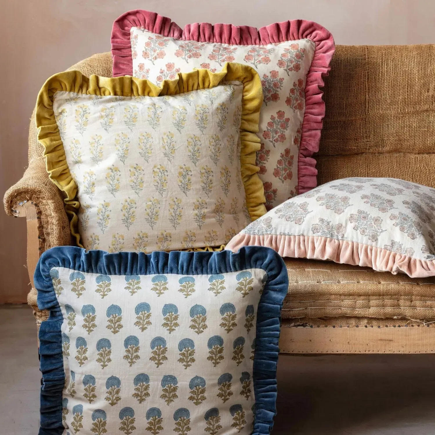 Flora Block Printed Square Cushion - Cotton