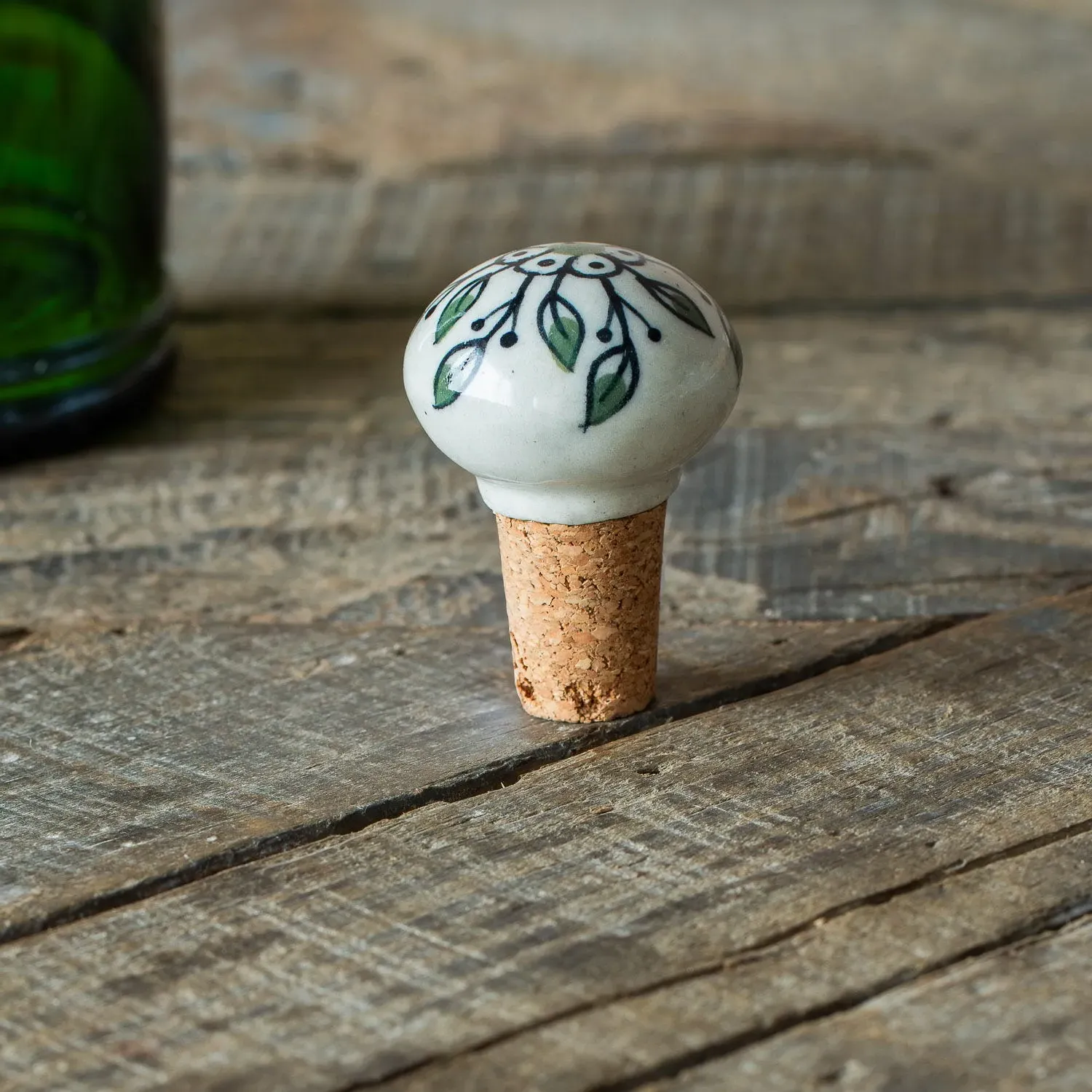 Flower Bottle Stopper - Green & Black, Ceramic image